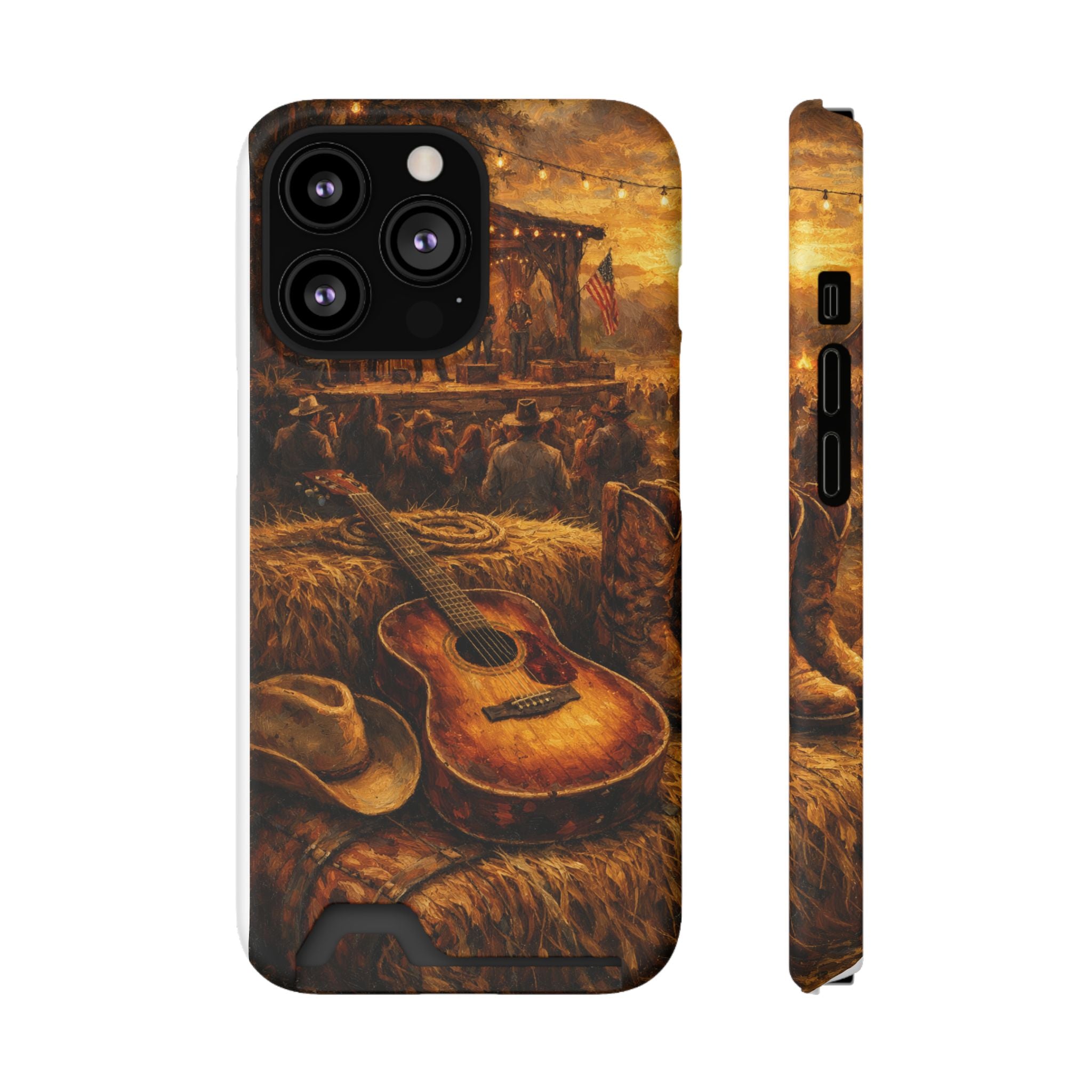 Country Music Guitar Phone Case with Card Holder — Rustic Concert Scene