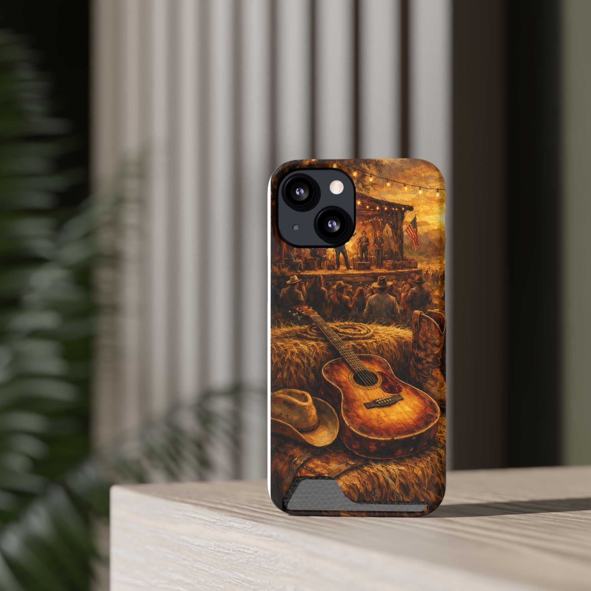Country Music Guitar Phone Case with Card Holder — Rustic Concert Scene