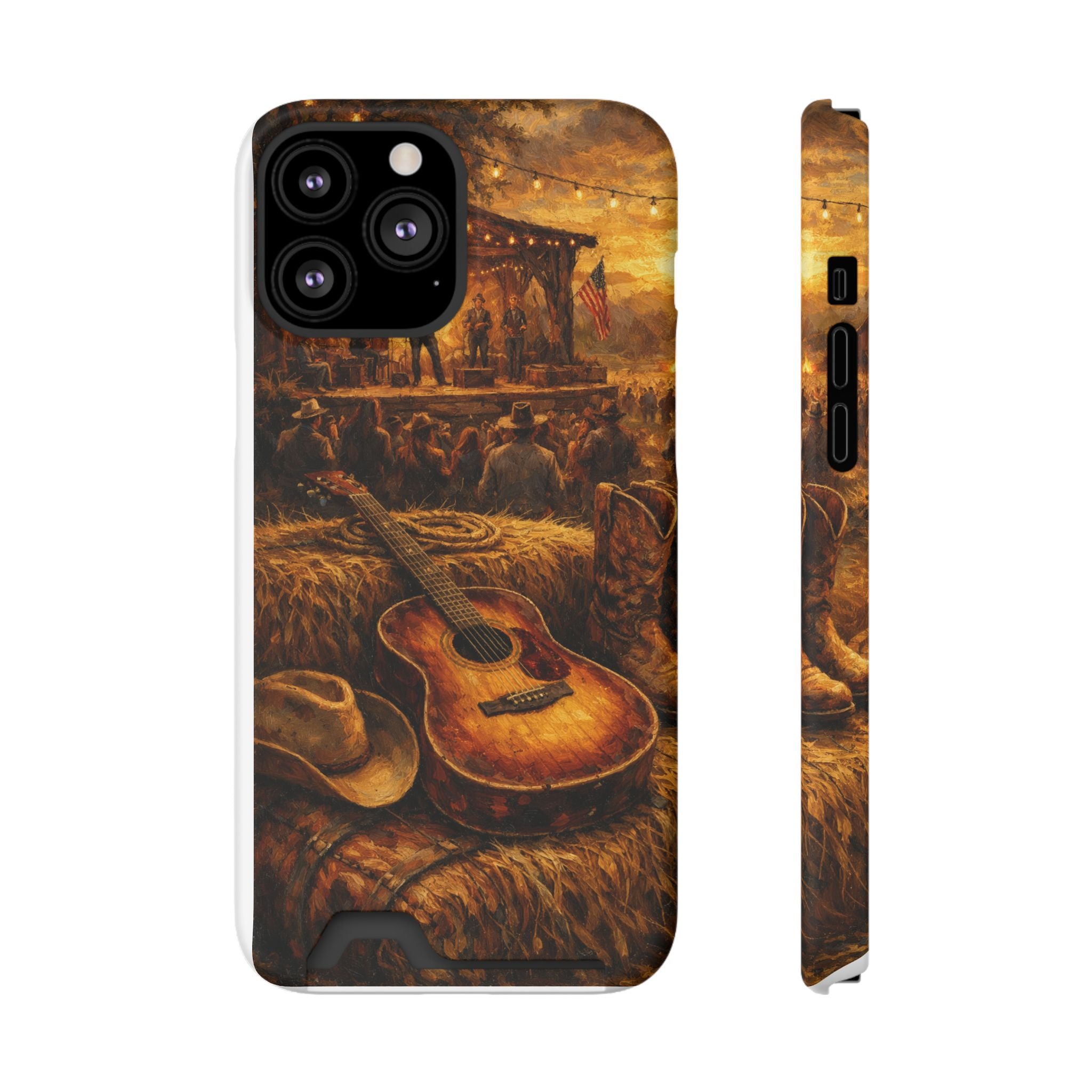 Country Music Guitar Phone Case with Card Holder — Rustic Concert Scene