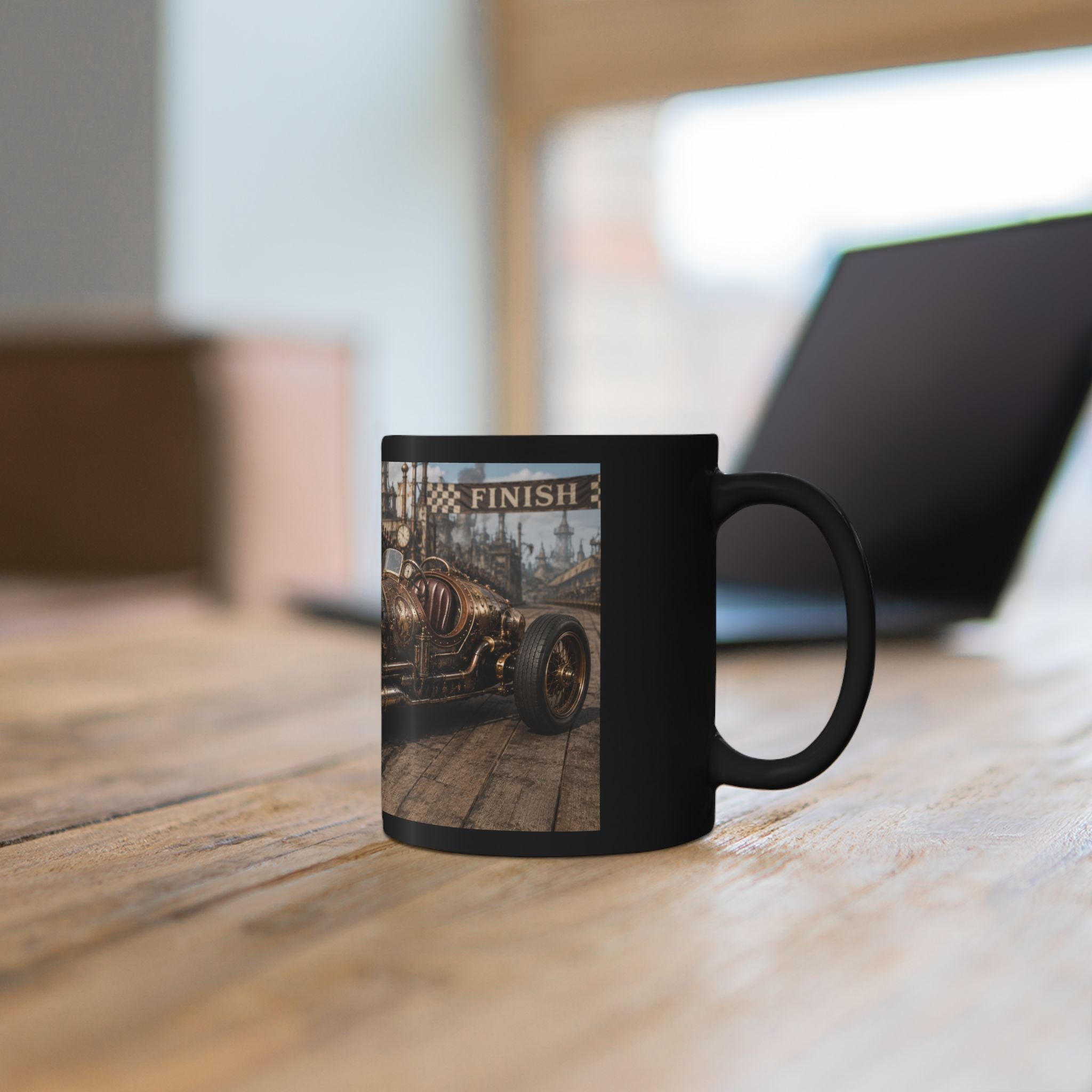 Steampunk Vintage Racecar Black Mug - 'Finish' Retro Racing Coffee Cup (11oz/15oz)