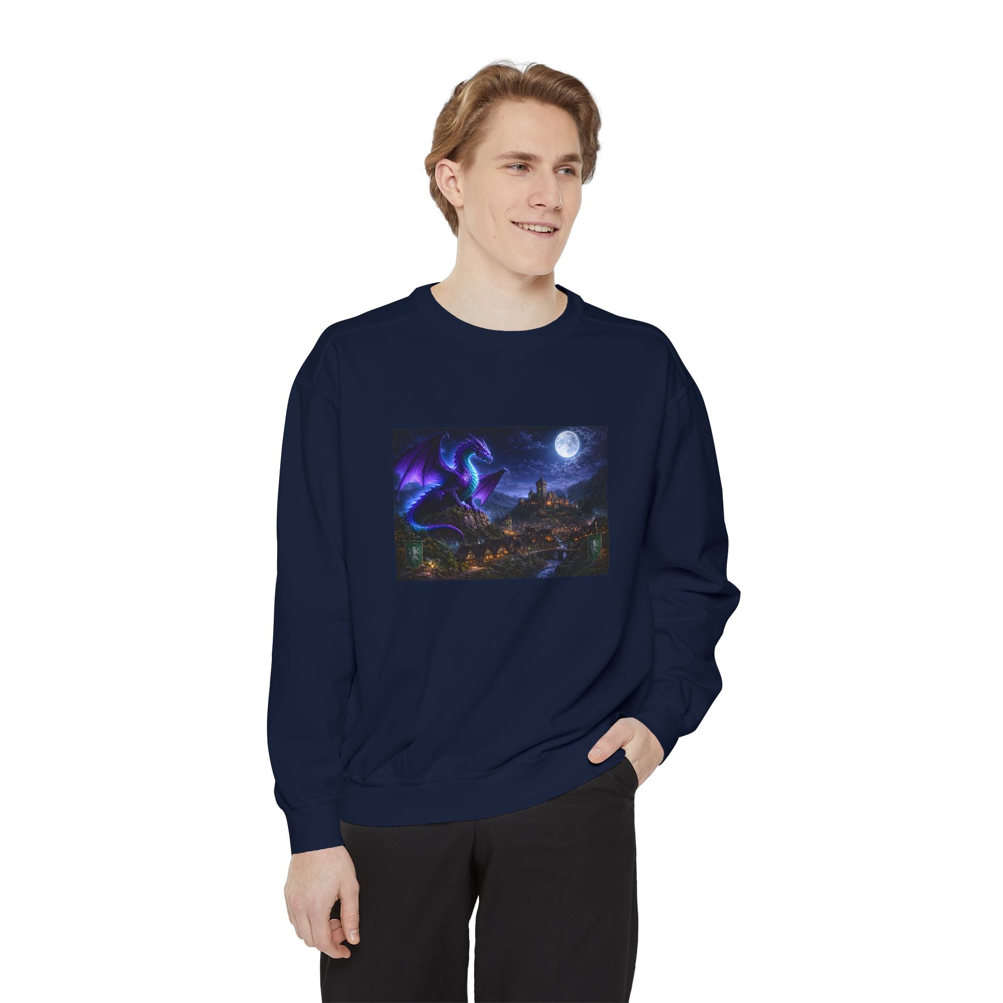 Dragon Night Sweatshirt — Mystical Purple Dragon Over Moonlit Village