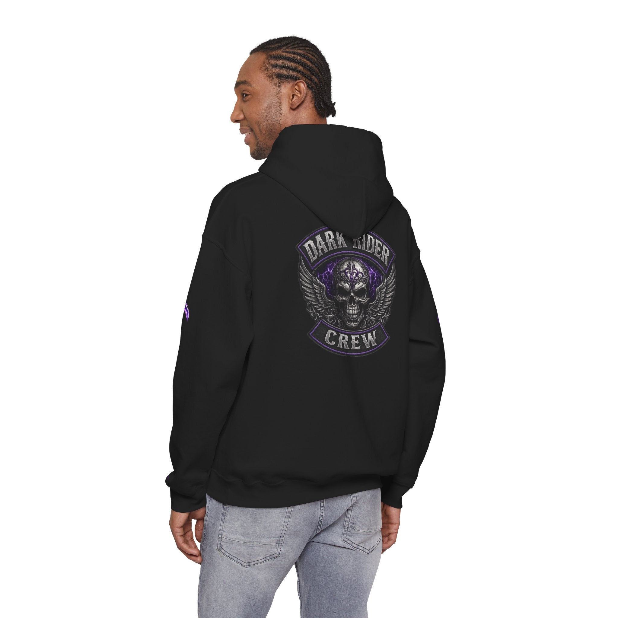 Premium Dark Rider Crew Hoodie — Purple Skull Motorcycle Biker Pullover