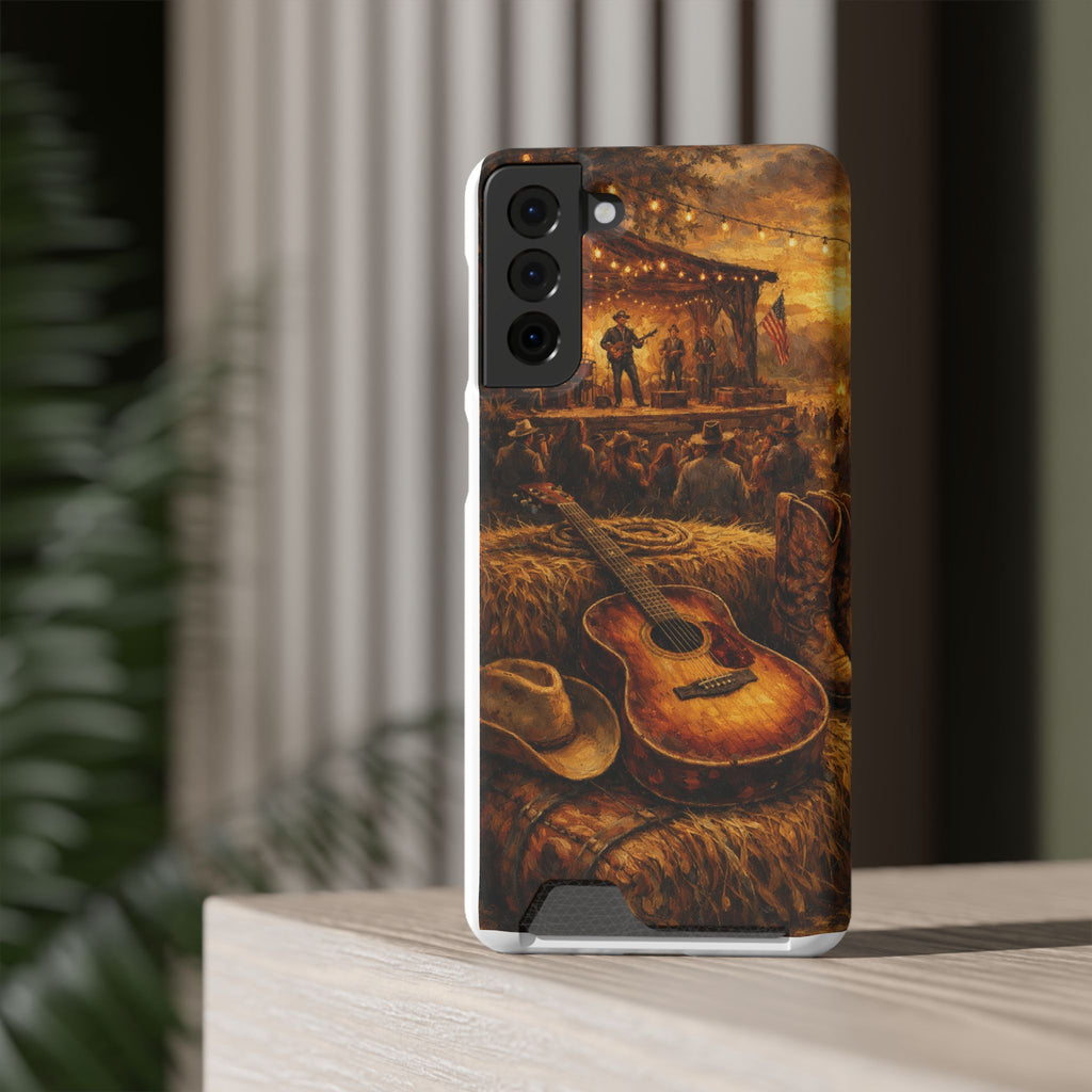 Country Music Guitar Phone Case with Card Holder — Rustic Concert Scene