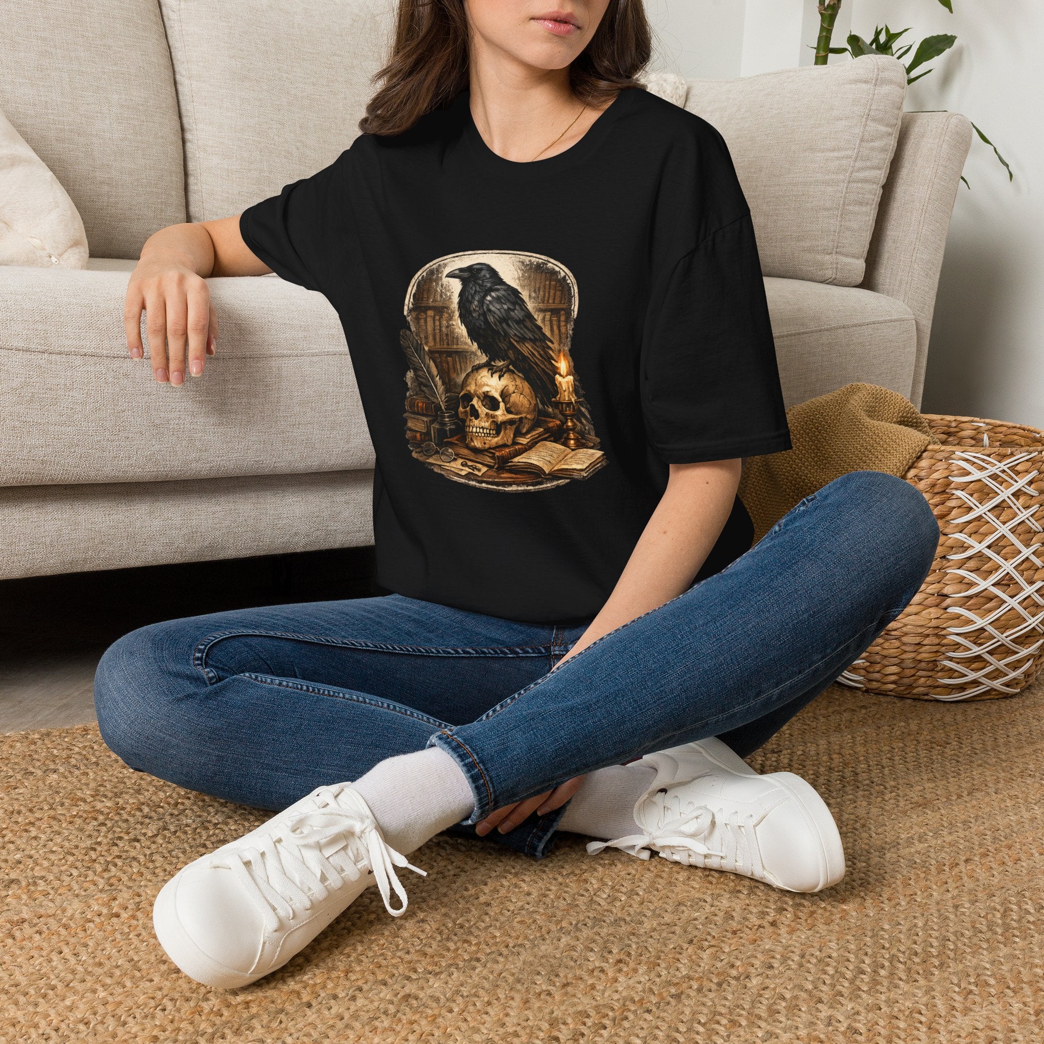 Raven on Skull T‑Shirt – Gothic Crow Skull Candle Design