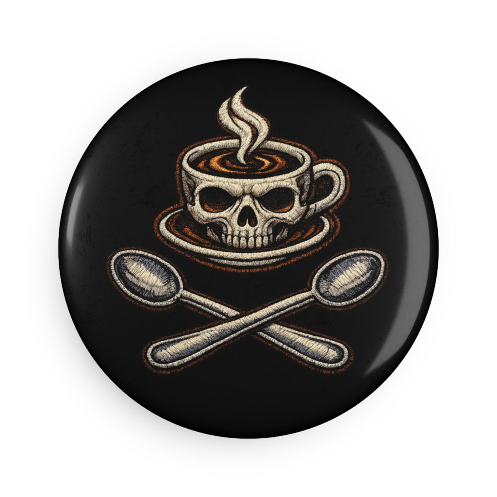 Skull Coffee Button Magnet — Dark Café Skull & Crossed Spoons Round Magnet