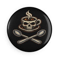 Skull Coffee Button Magnet — Dark Café Skull & Crossed Spoons Round Magnet