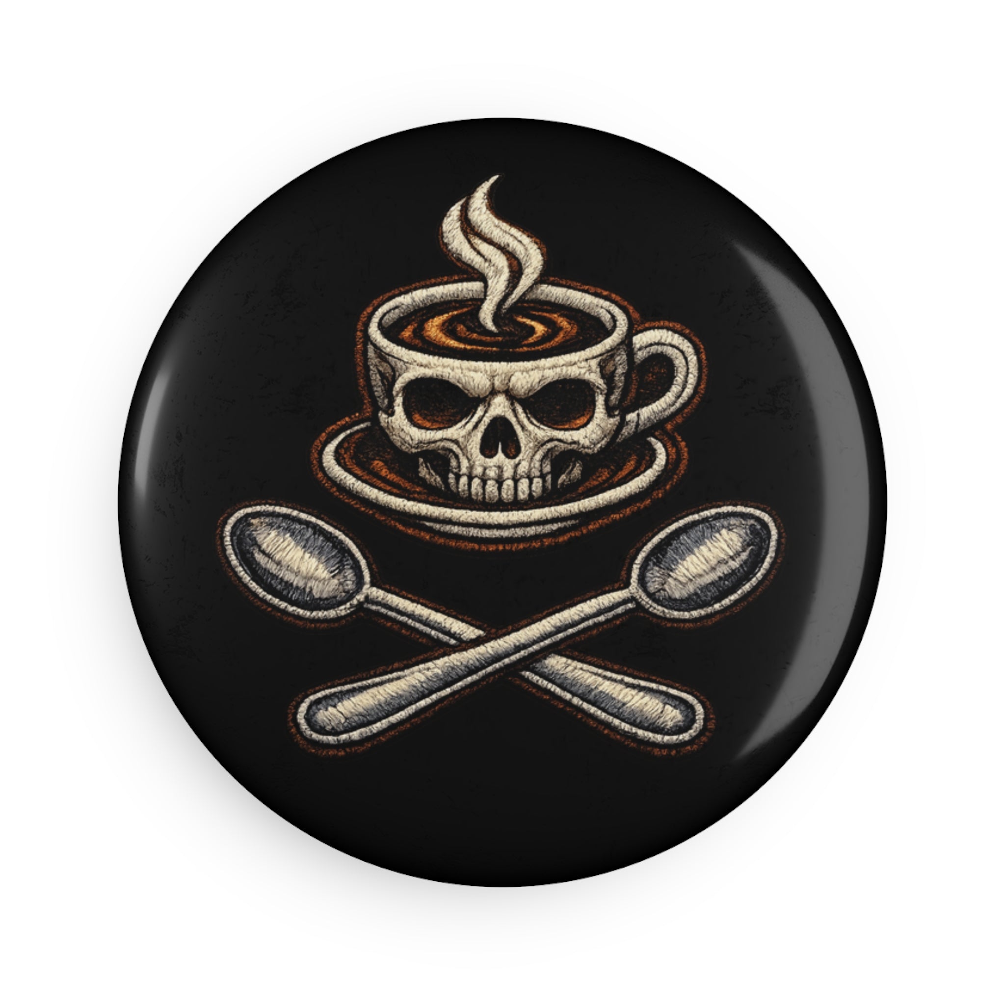 Skull Coffee Button Magnet — Dark Café Skull & Crossed Spoons Round Magnet