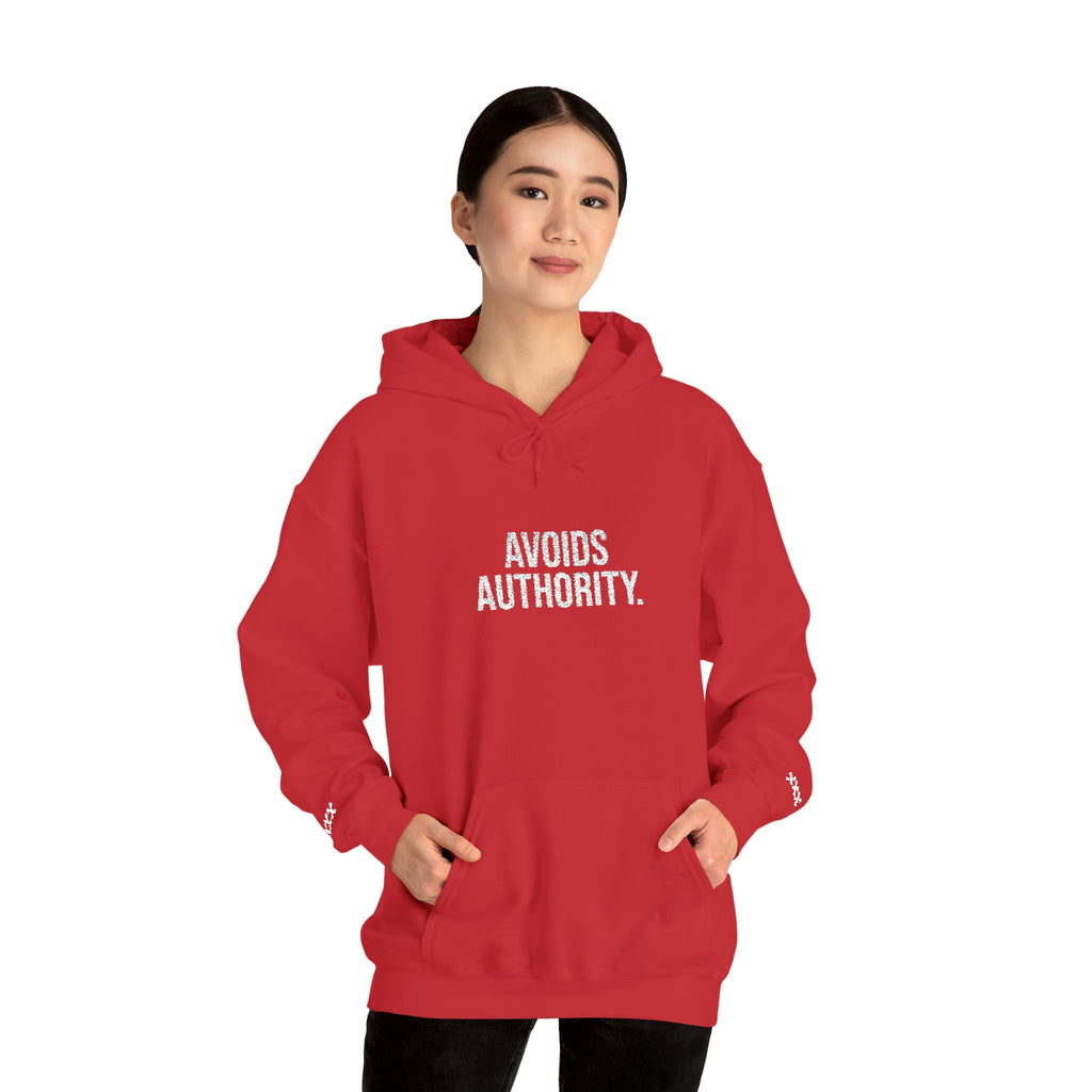 Avoids Authority Hoodie — Rebellious Embroidered Pullover