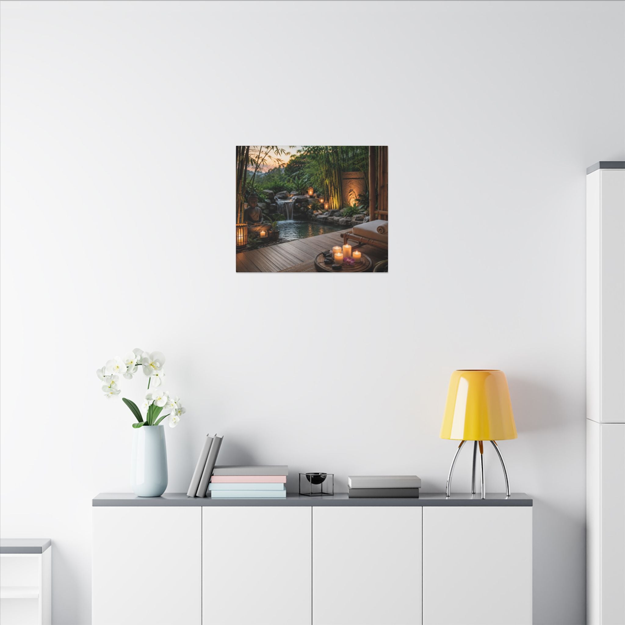 Zen Spa Retreat Canvas — Tranquil Bamboo Waterfall Wall Art