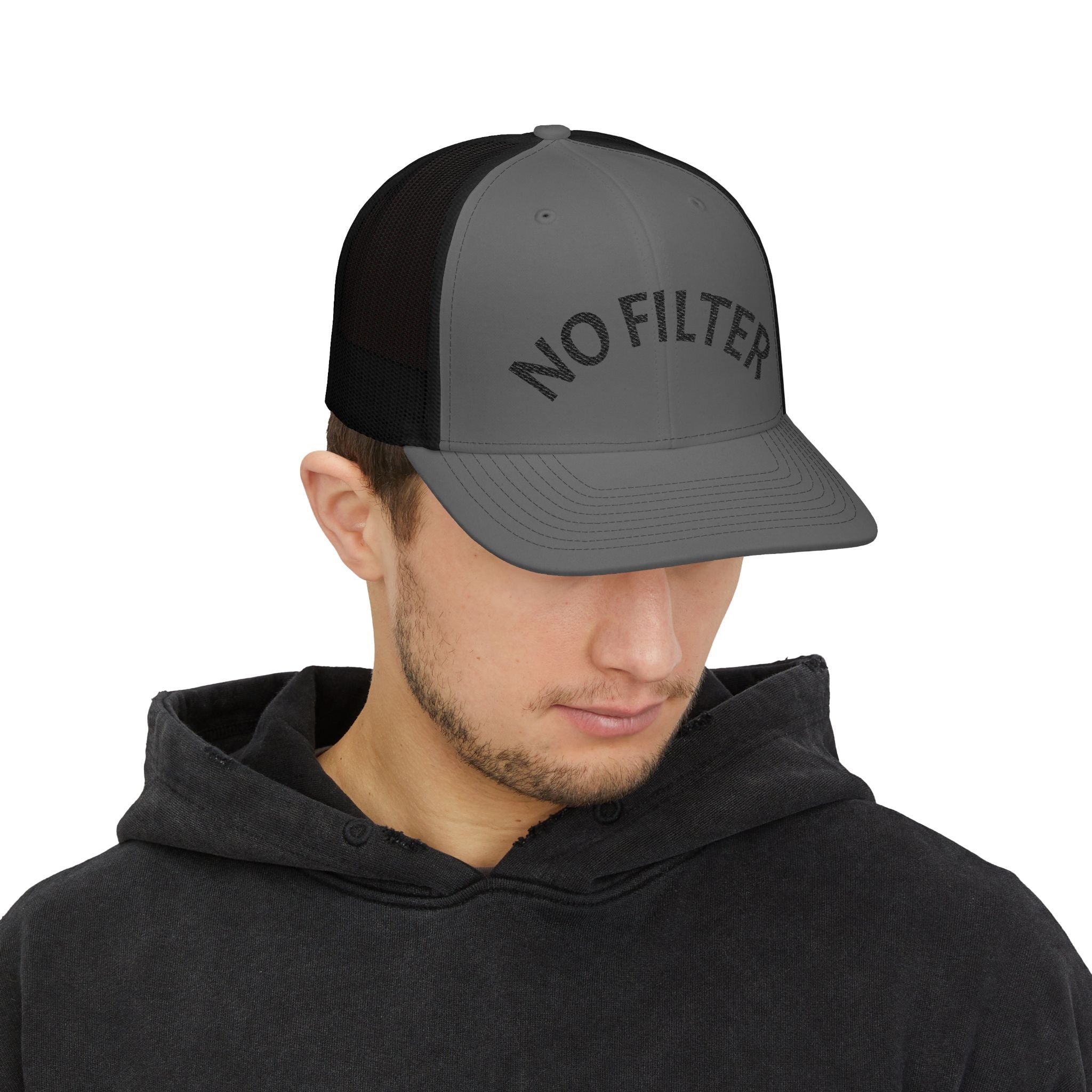 No Filter Snapback Trucker Cap — Bold Mesh Back Hat