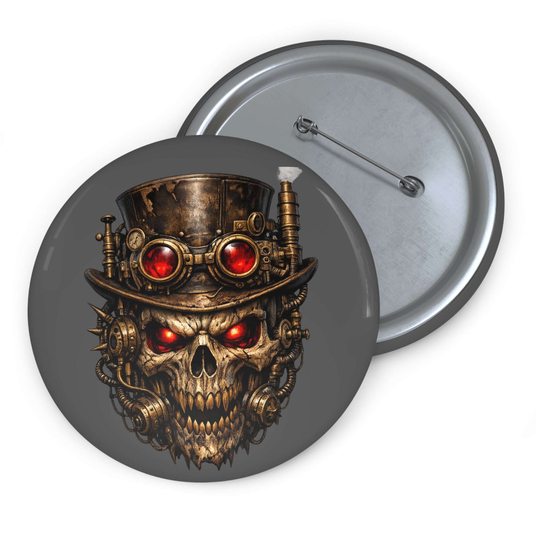 Steampunk Skull Pin Button — Red-Gem Goggles Goth Badge