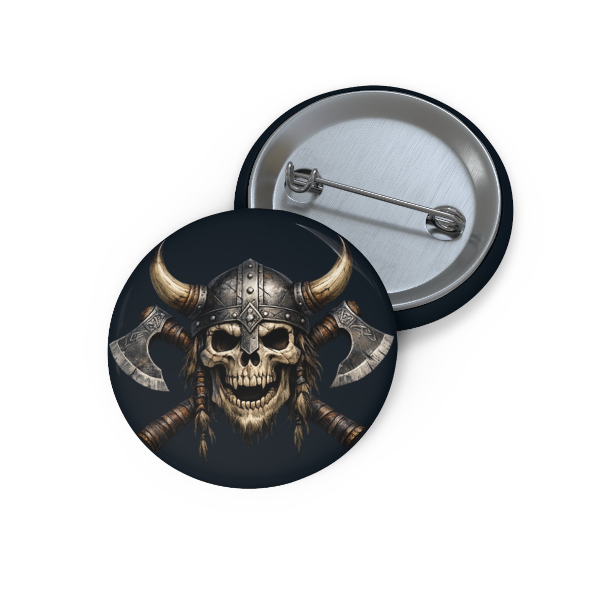 Viking Skull Button Pin — Axe Helmet Metal Badge