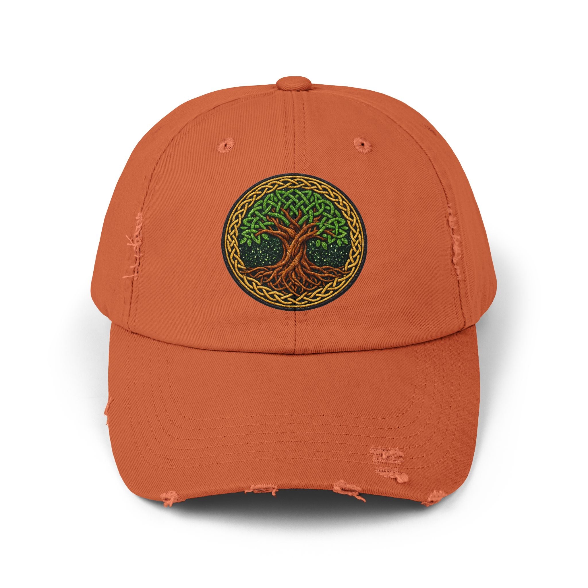 Distressed Baseball Cap — Celtic Tree of Life Faux-Embroidered Adjustable Hat