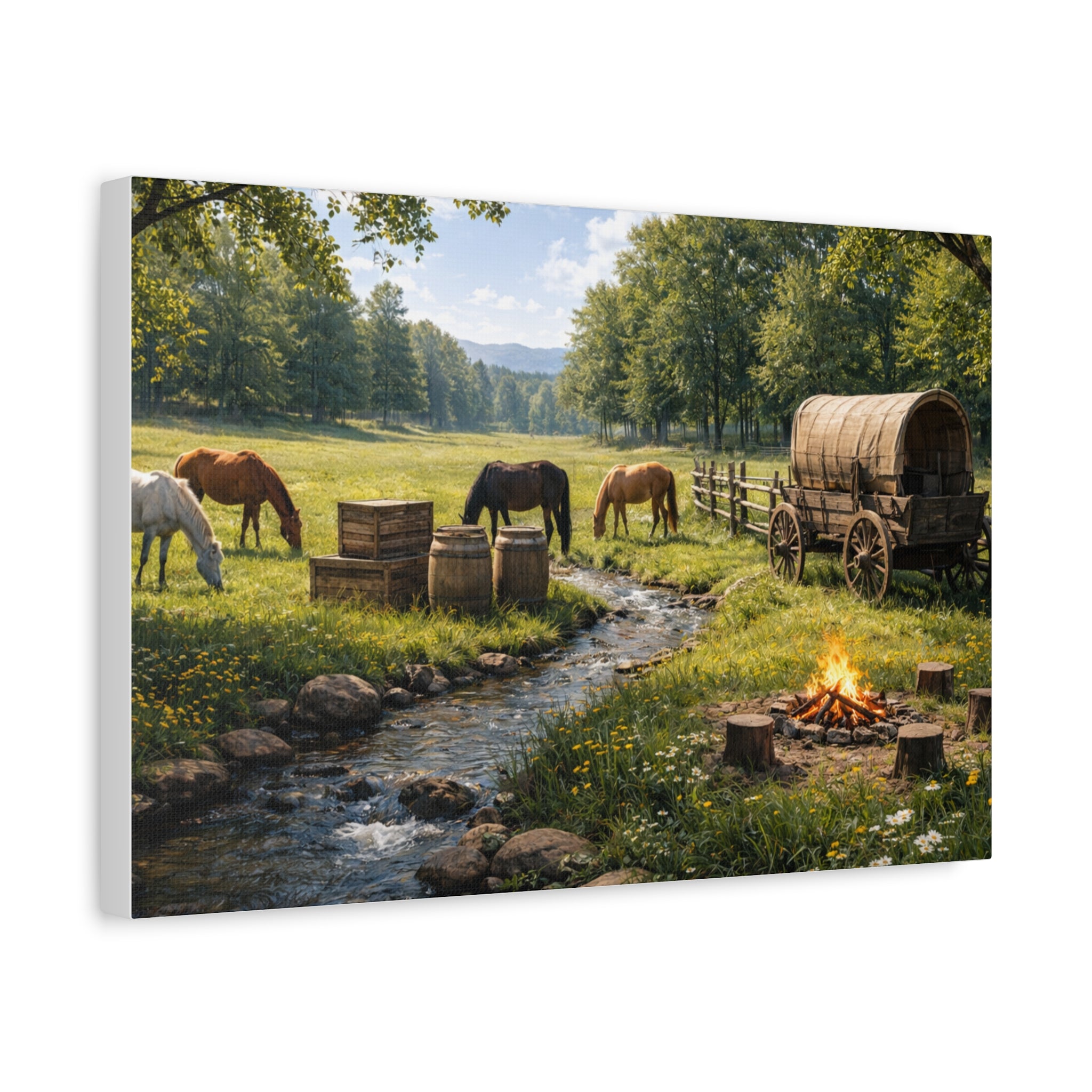 Country Trail Canvas Print – Rustic Wagon & Horses Matte Stretched Wall Art