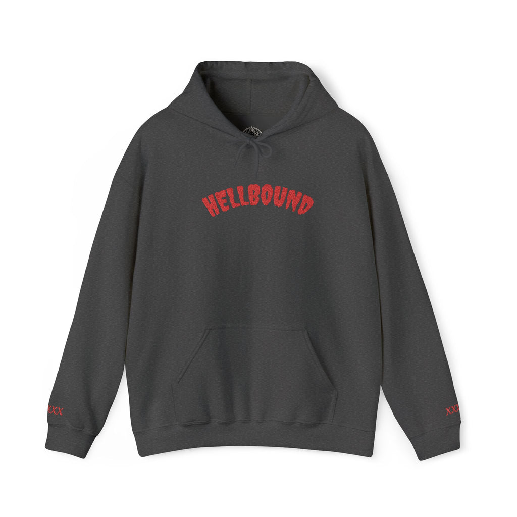 Hellbound Hoodie — Gothic Red Script Embroidered Pullover
