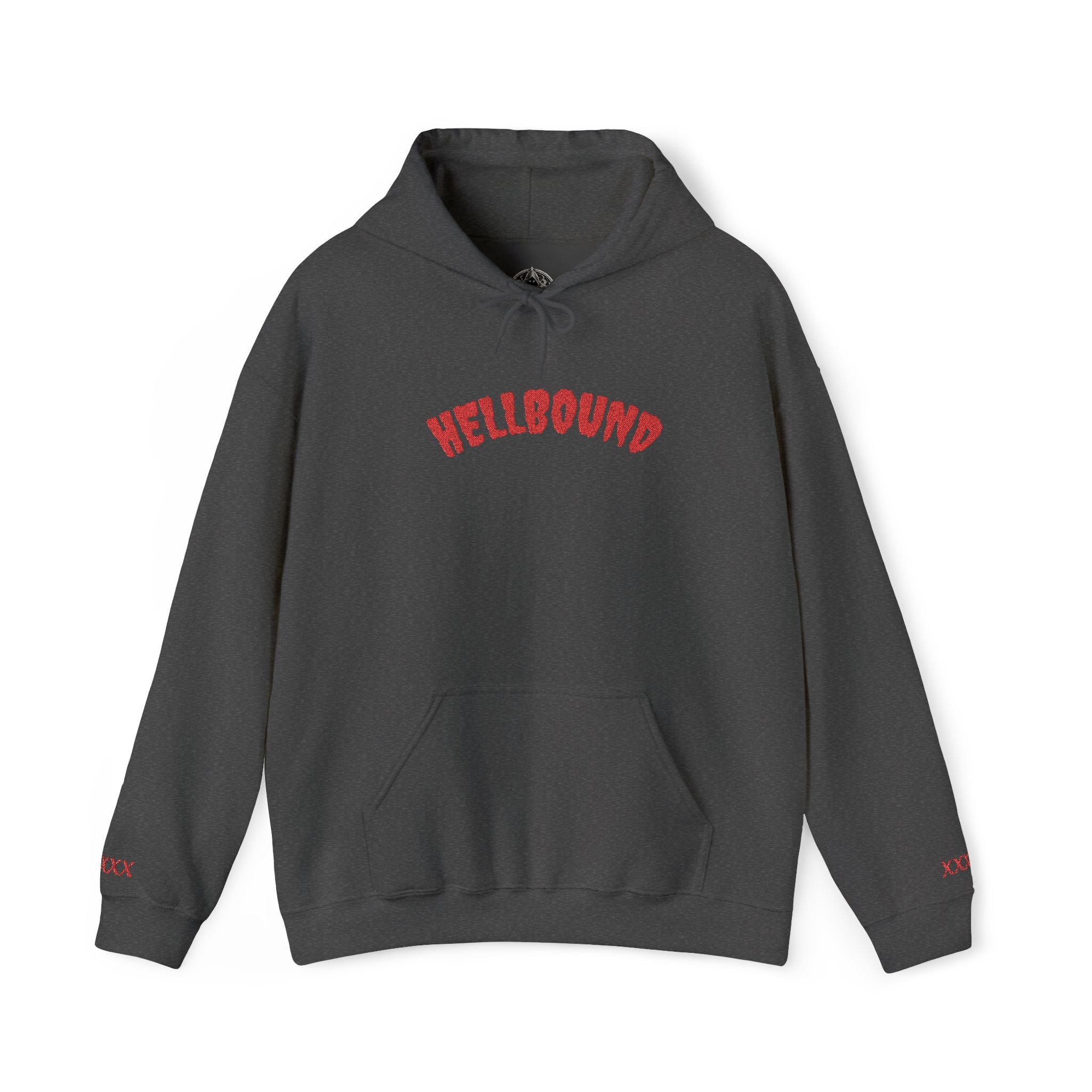 Hellbound Hoodie — Gothic Red Script Embroidered Pullover