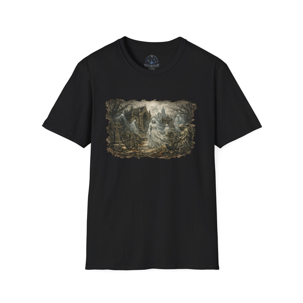 Gothic Graveyard Scene T-Shirt — Haunted Victorian Spirits Design