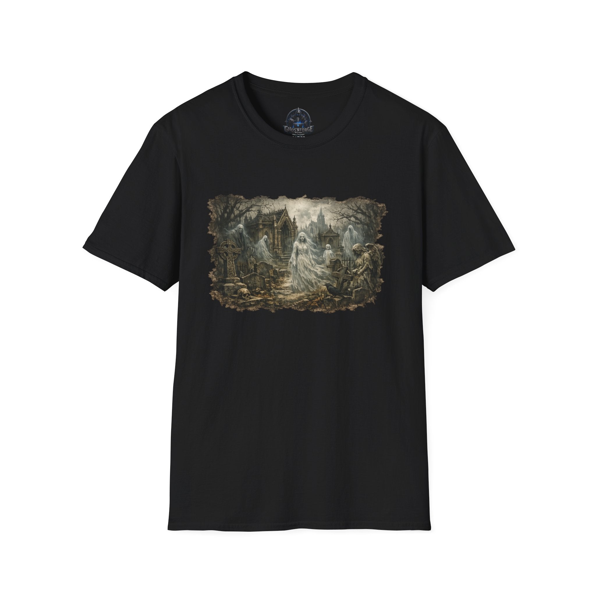 Gothic Graveyard Scene T-Shirt — Haunted Victorian Spirits Design