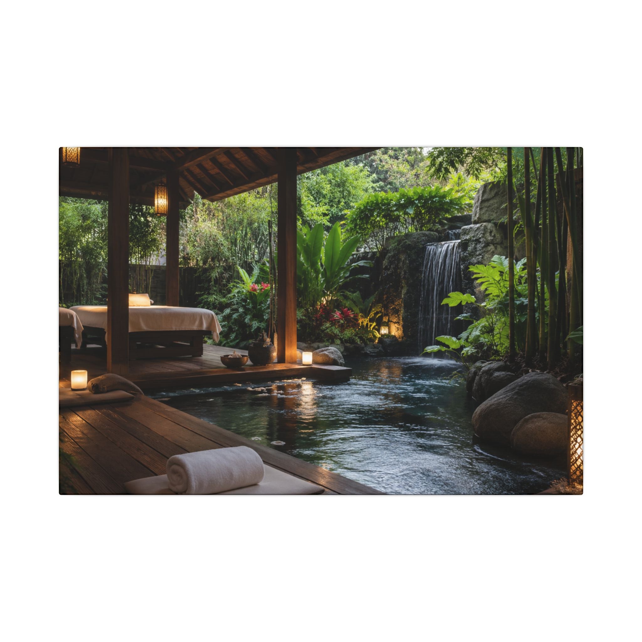 Spa Retreat Canvas Print — Tropical Waterfall Relaxation Wall Art
