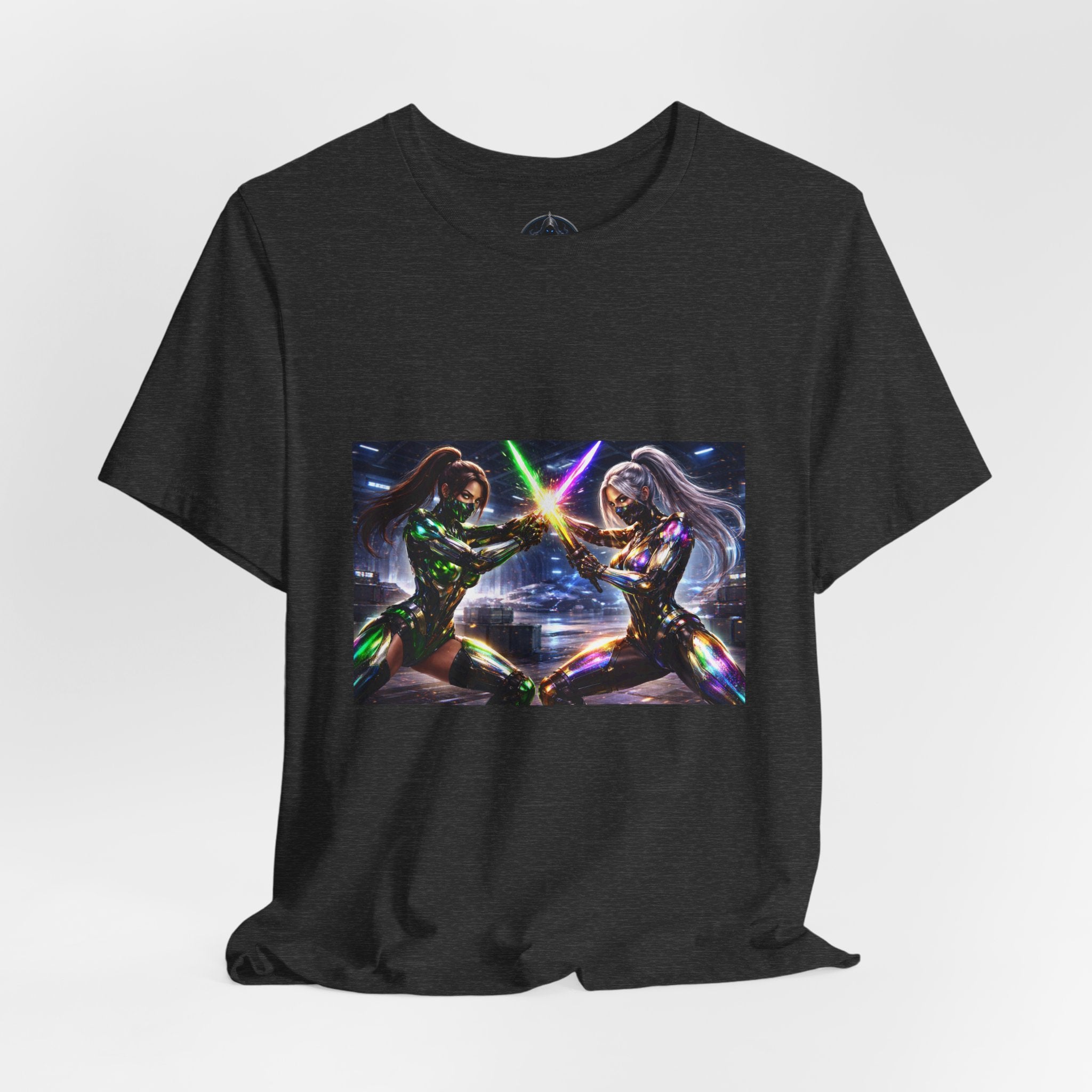Sci‑Fi Duel Graphic Tee — Neon Cyber Warriors Chest Print