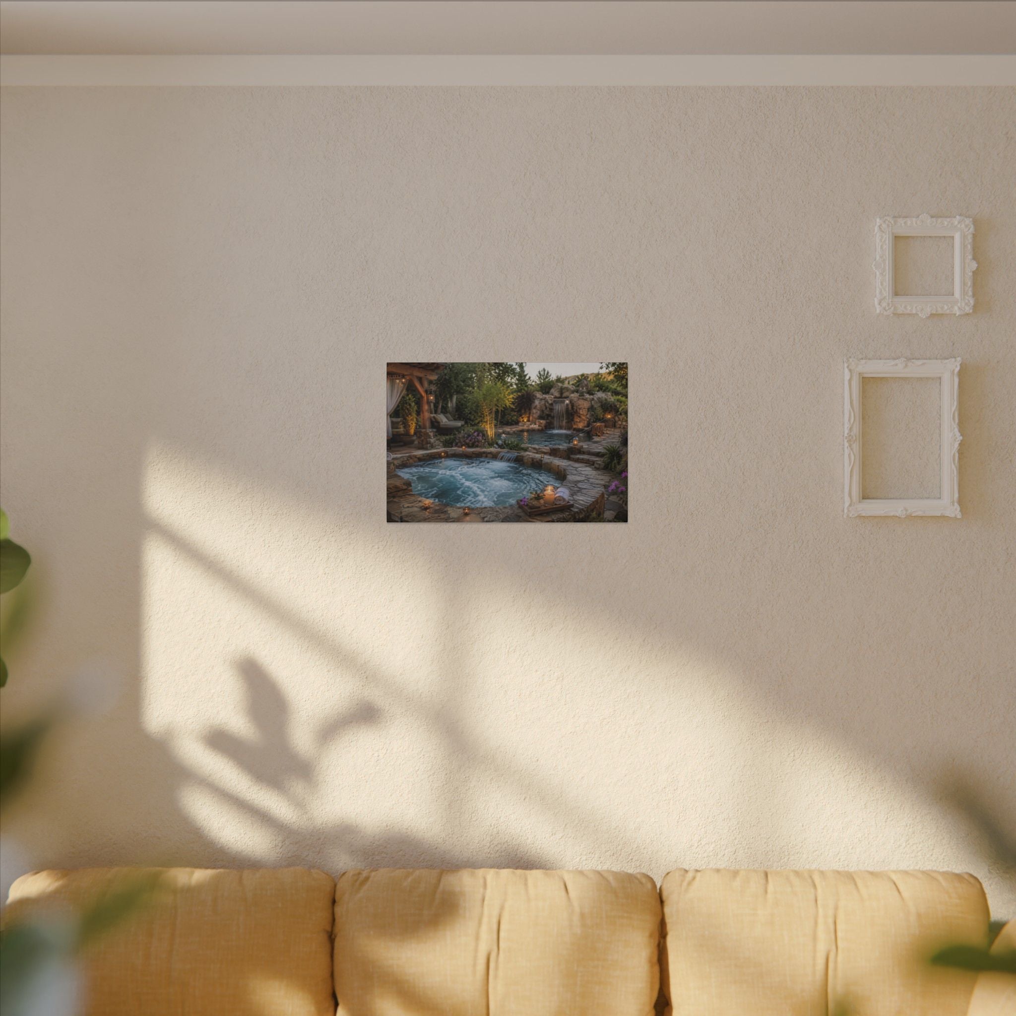 Relaxing Backyard Spa Canvas Wall Art – Tranquil Pool & Waterfall Scene