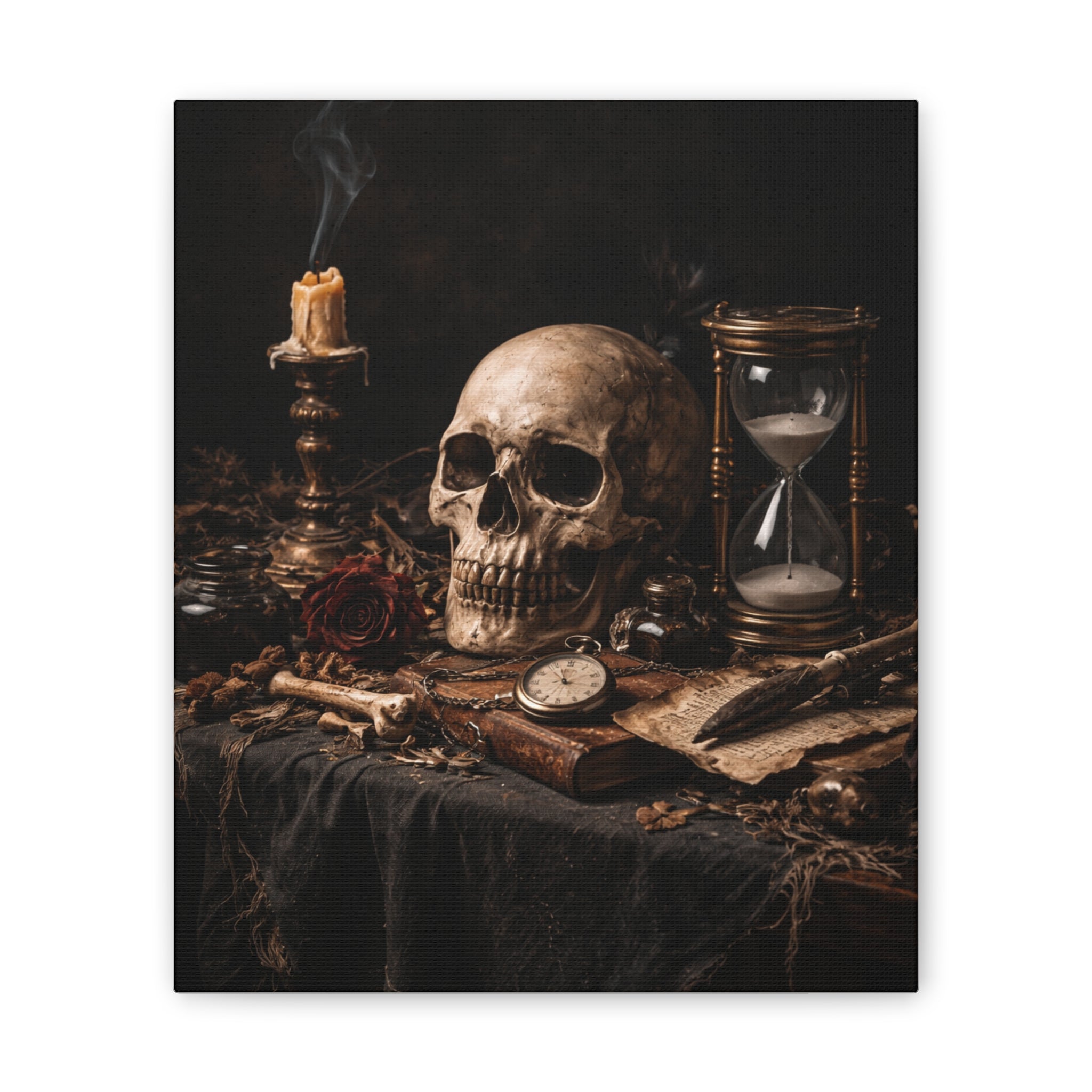 Memento Mori - Still Life Canvas — Skull, Hourglass & Candle Wall Art