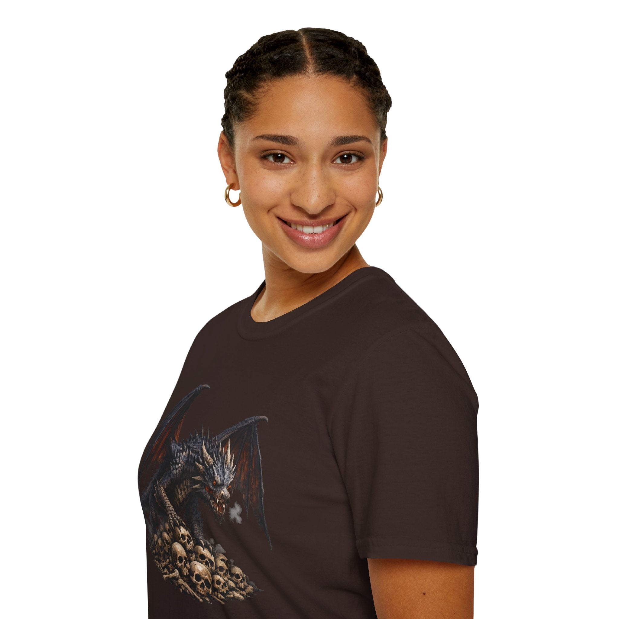 Dragon on Skull Pile Graphic T-Shirt — Dark Fantasy Winged Dragon Design