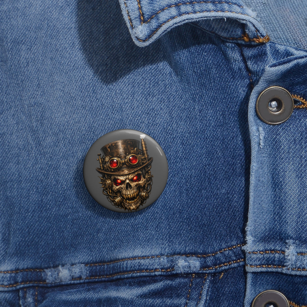 Steampunk Skull Pin Button — Red-Gem Goggles Goth Badge