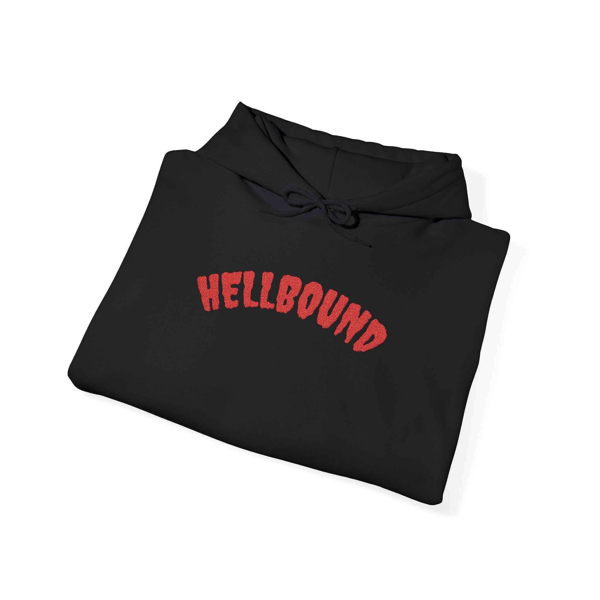 Hellbound Hoodie — Gothic Red Script Embroidered Pullover