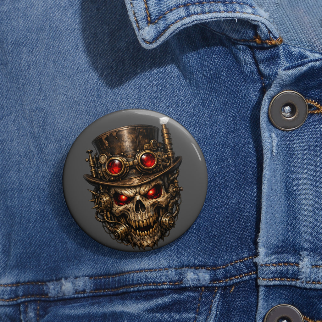 Steampunk Skull Pin Button — Red-Gem Goggles Goth Badge