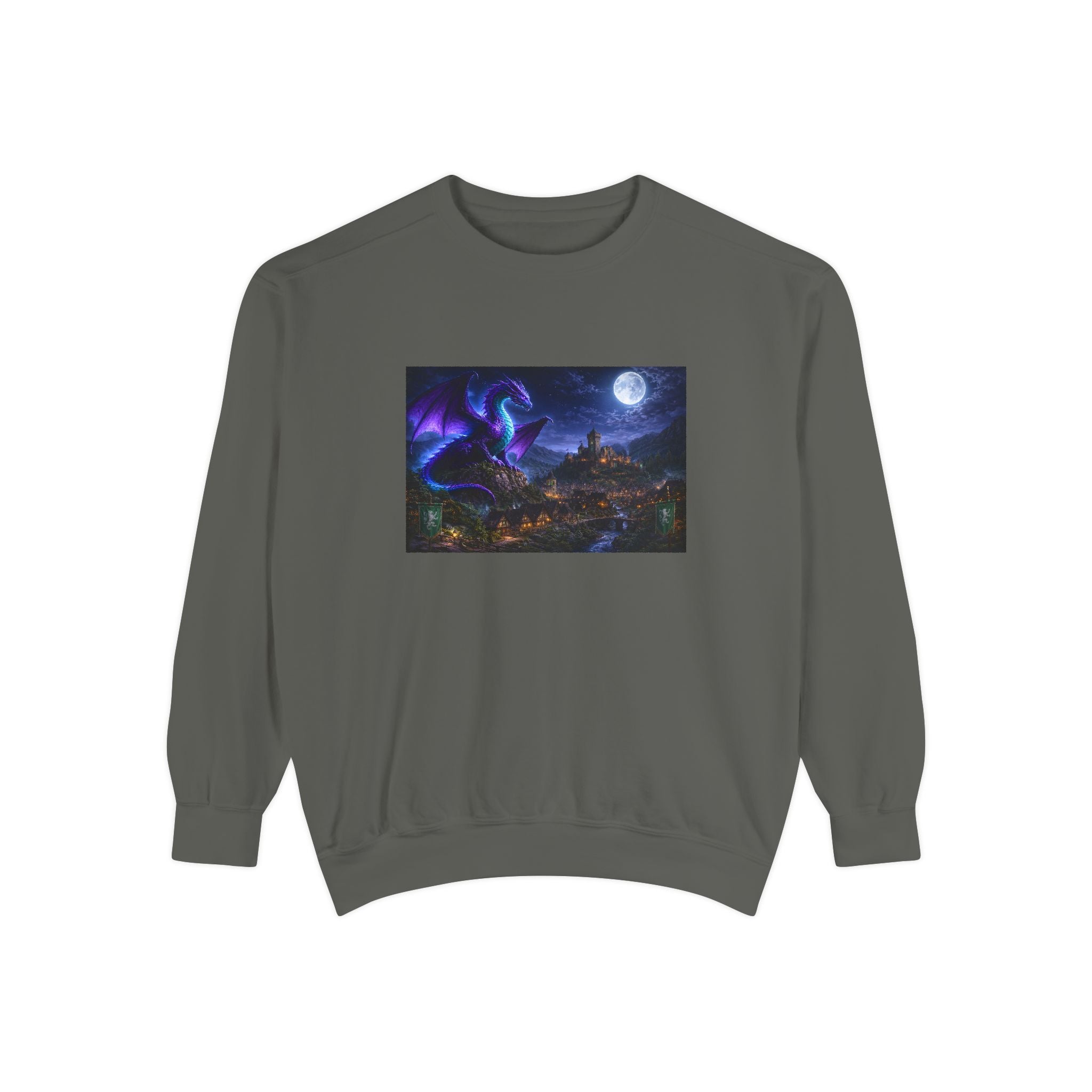 Dragon Night Sweatshirt — Mystical Purple Dragon Over Moonlit Village