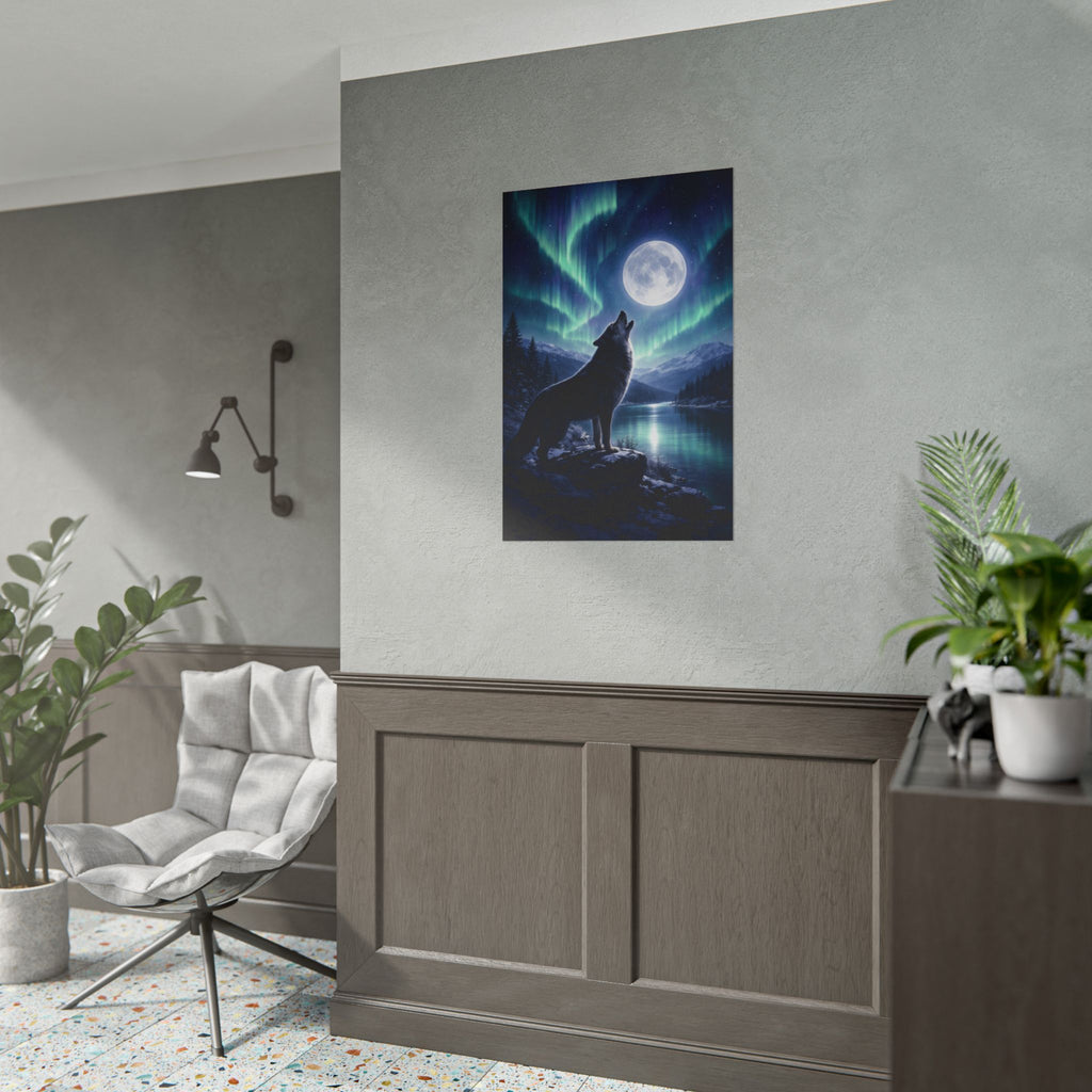 Wolf Howl Moon Poster – Northern Lights Landscape Wall Art