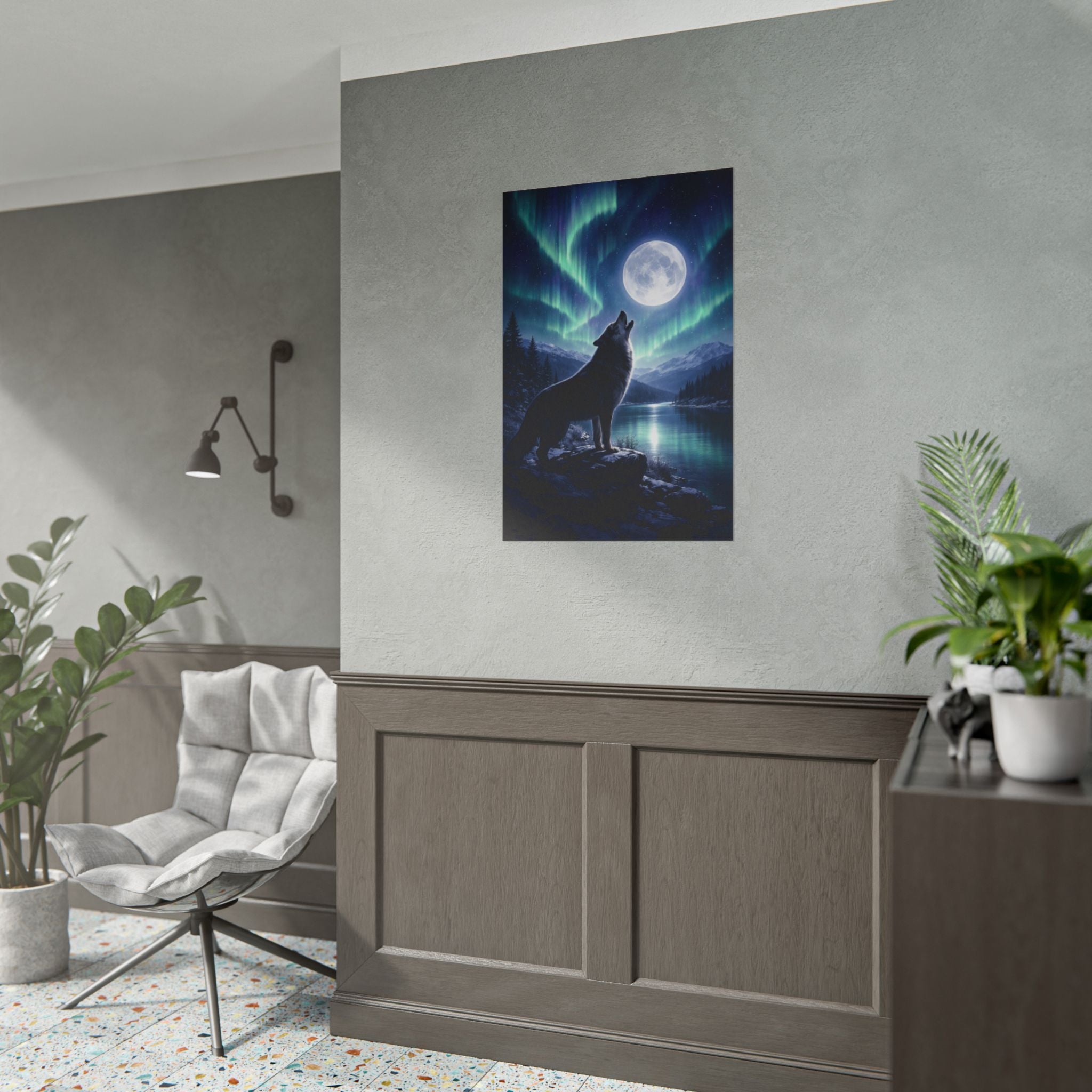 Wolf Howl Moon Poster – Northern Lights Landscape Wall Art