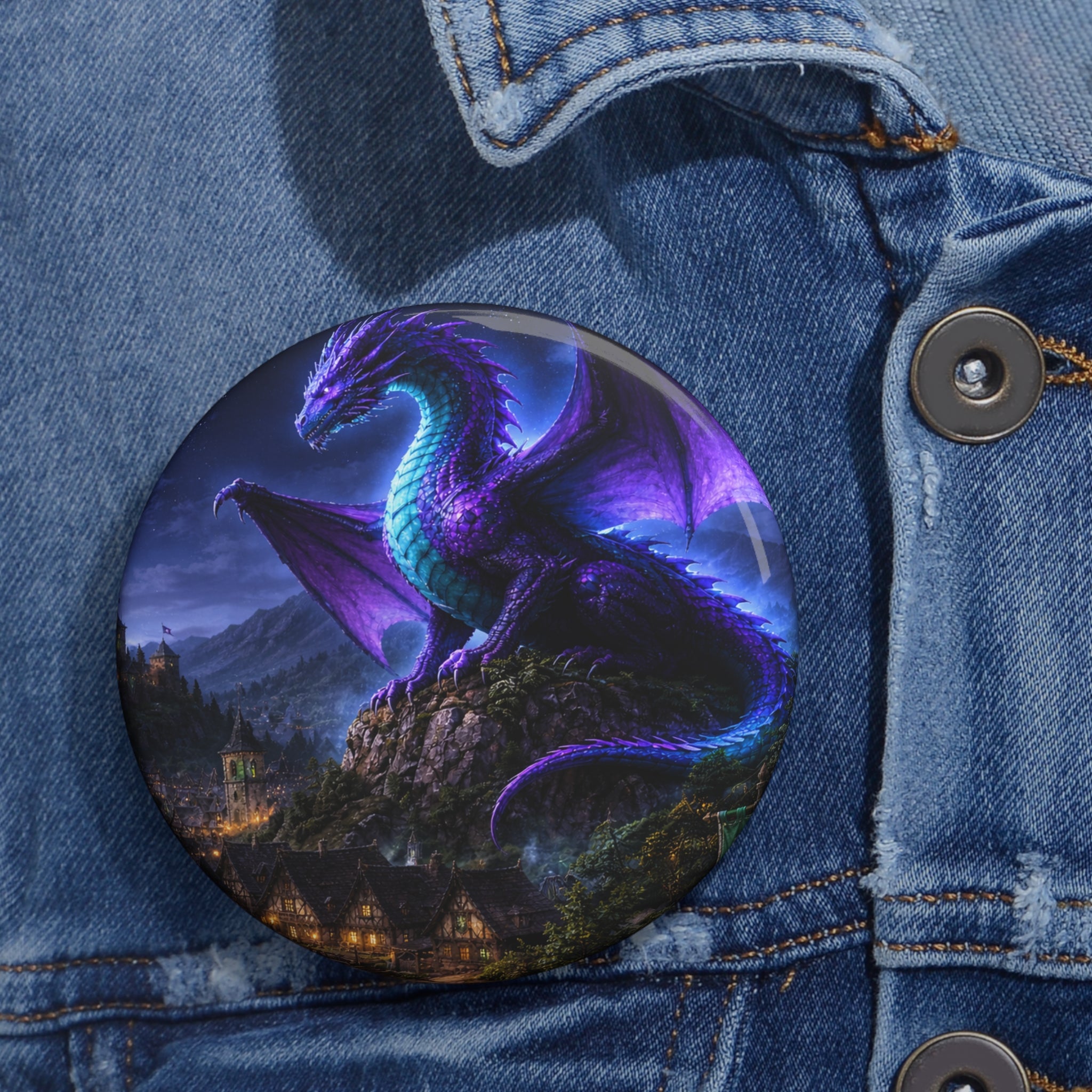 Dragon Night Pin Button — Fantasy Purple Dragon Guard Enamel Style Pin button