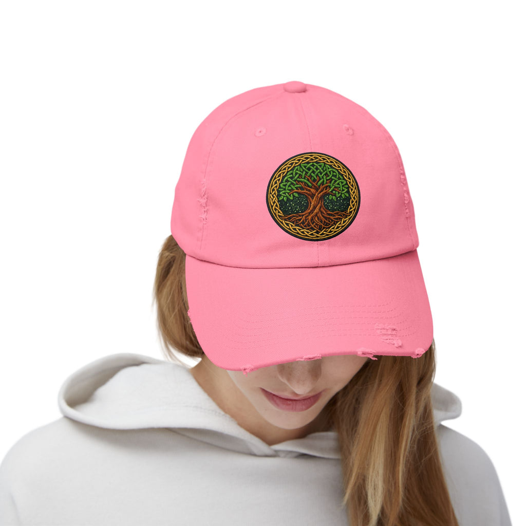 Distressed Baseball Cap — Celtic Tree of Life Faux-Embroidered Adjustable Hat