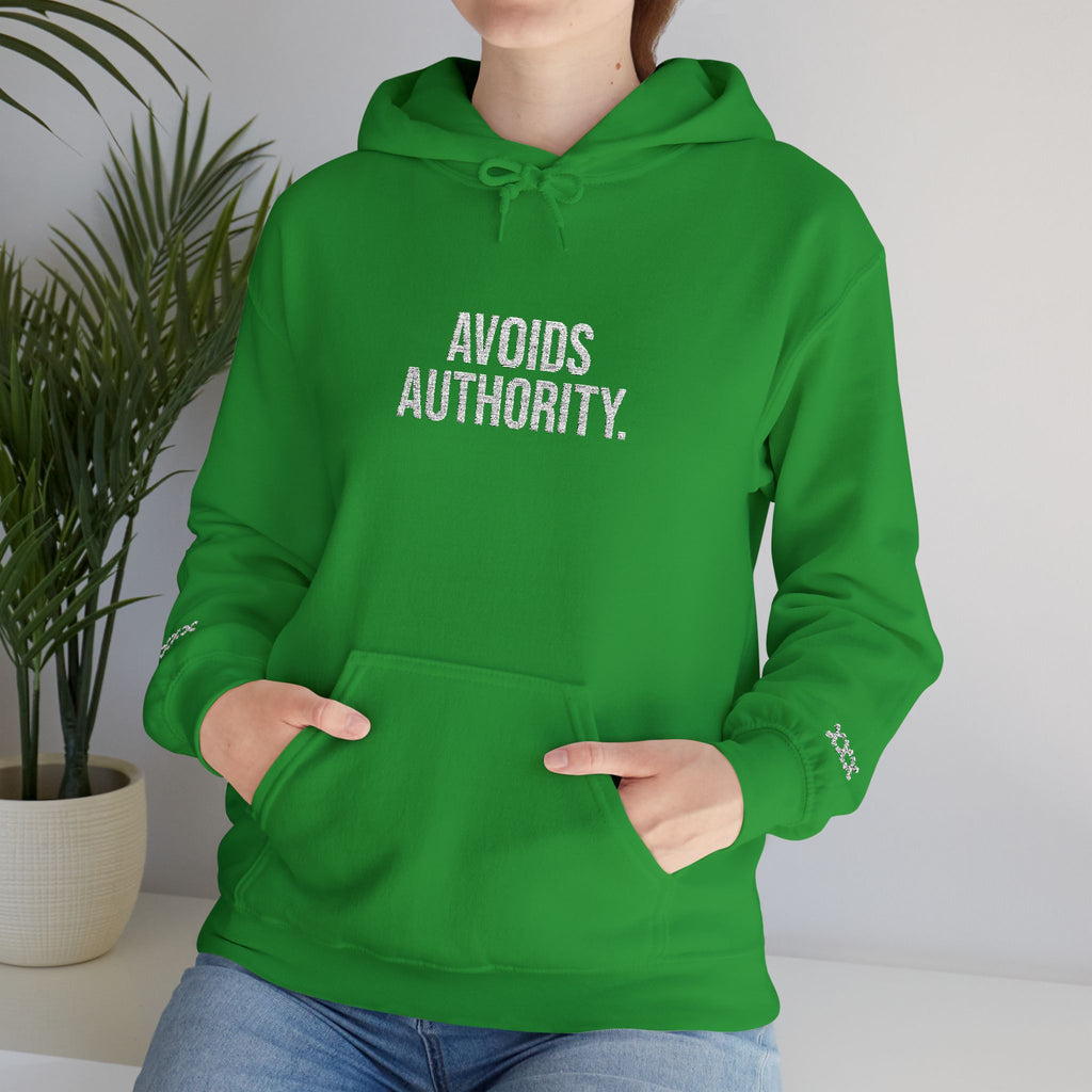 Avoids Authority Hoodie — Rebellious Embroidered Pullover
