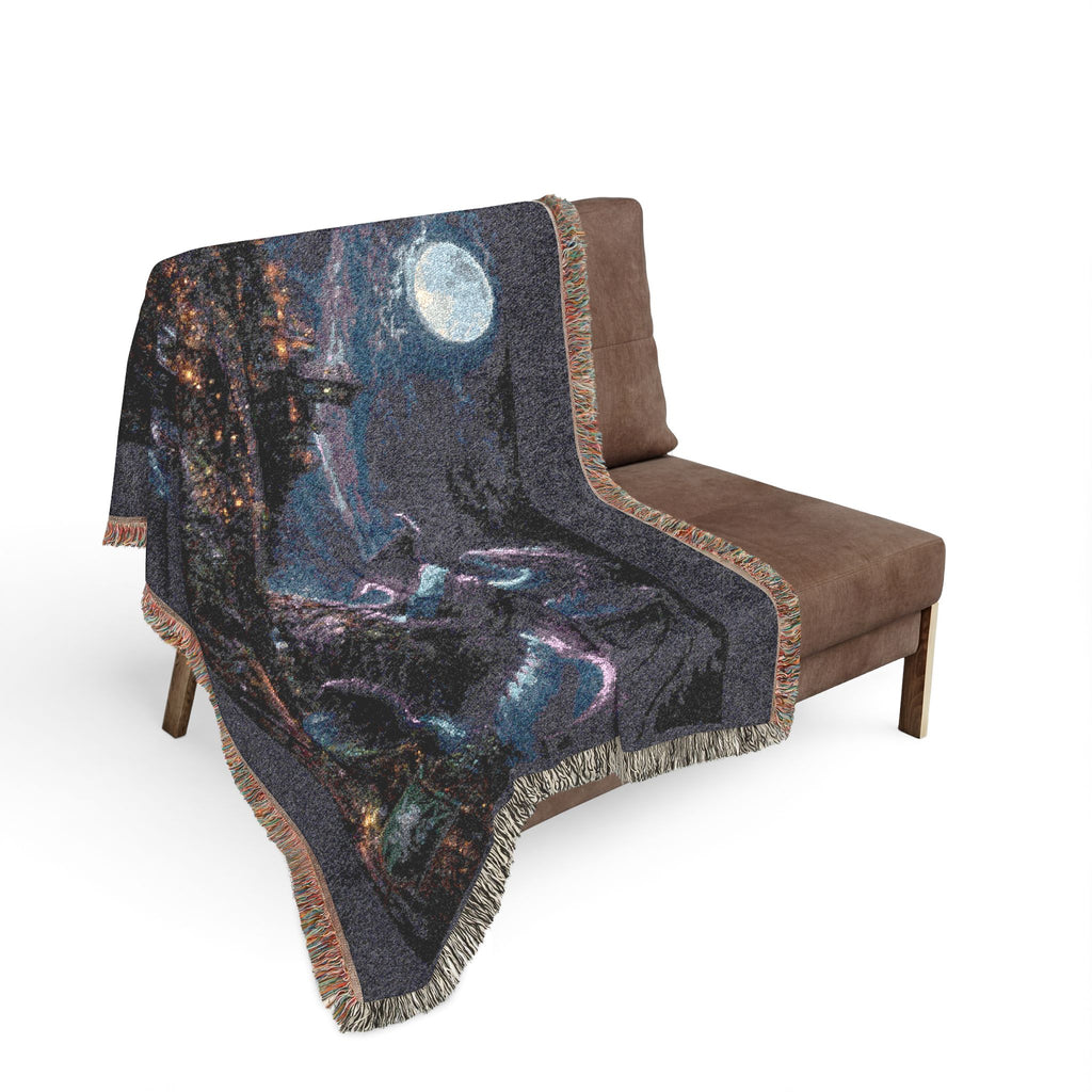 Dragon Night Woven Blanket — Mystical Moonlit Cityscape Throw
