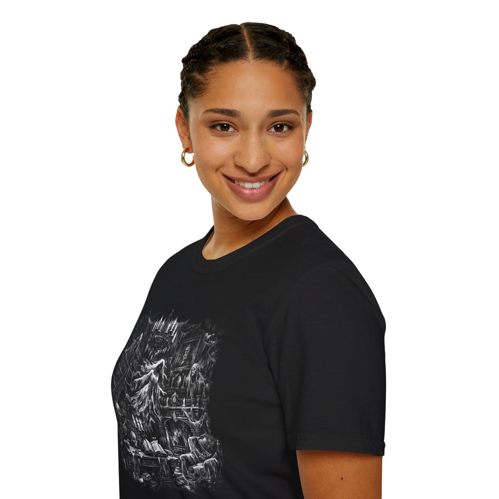 Gothic Haunted Manor T-Shirt — Ghostly Candlelit Night Design