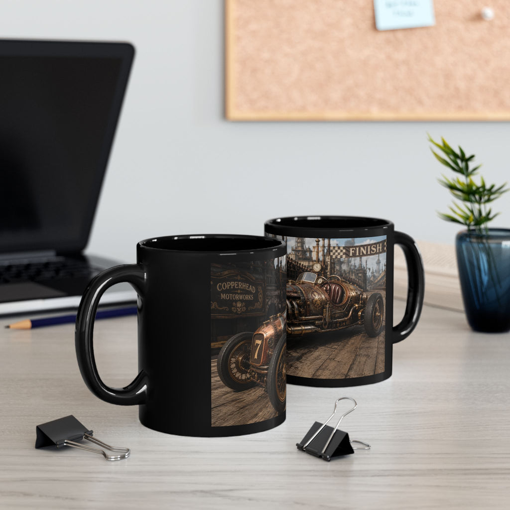 Steampunk Vintage Racecar Black Mug - 'Finish' Retro Racing Coffee Cup (11oz/15oz)