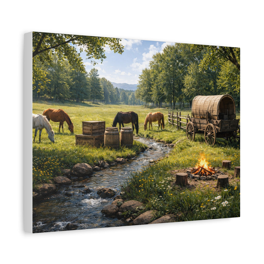 Country Trail Canvas Print – Rustic Wagon & Horses Matte Stretched Wall Art