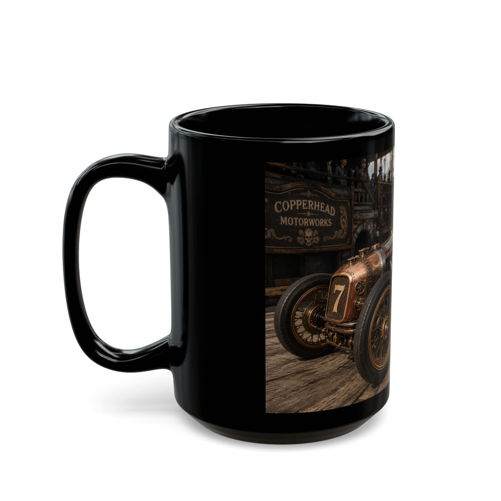Steampunk Vintage Racecar Black Mug - 'Finish' Retro Racing Coffee Cup (11oz/15oz)