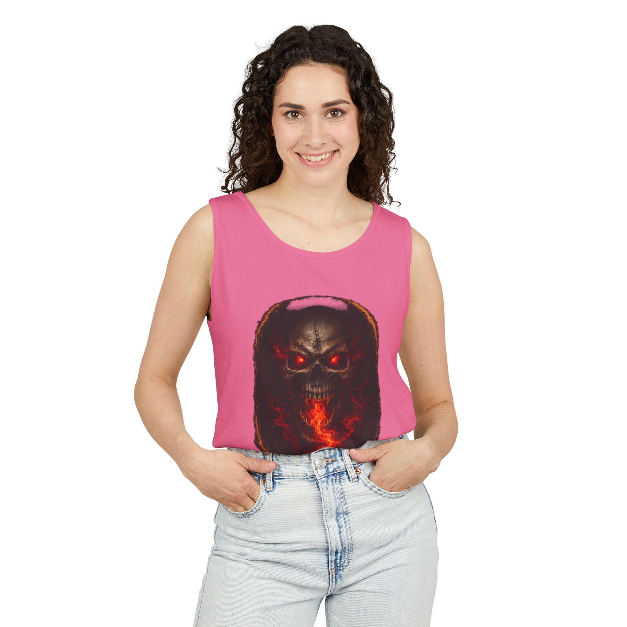 Demon Skull Flame Tank Top — Horror Graphic Summer Tee