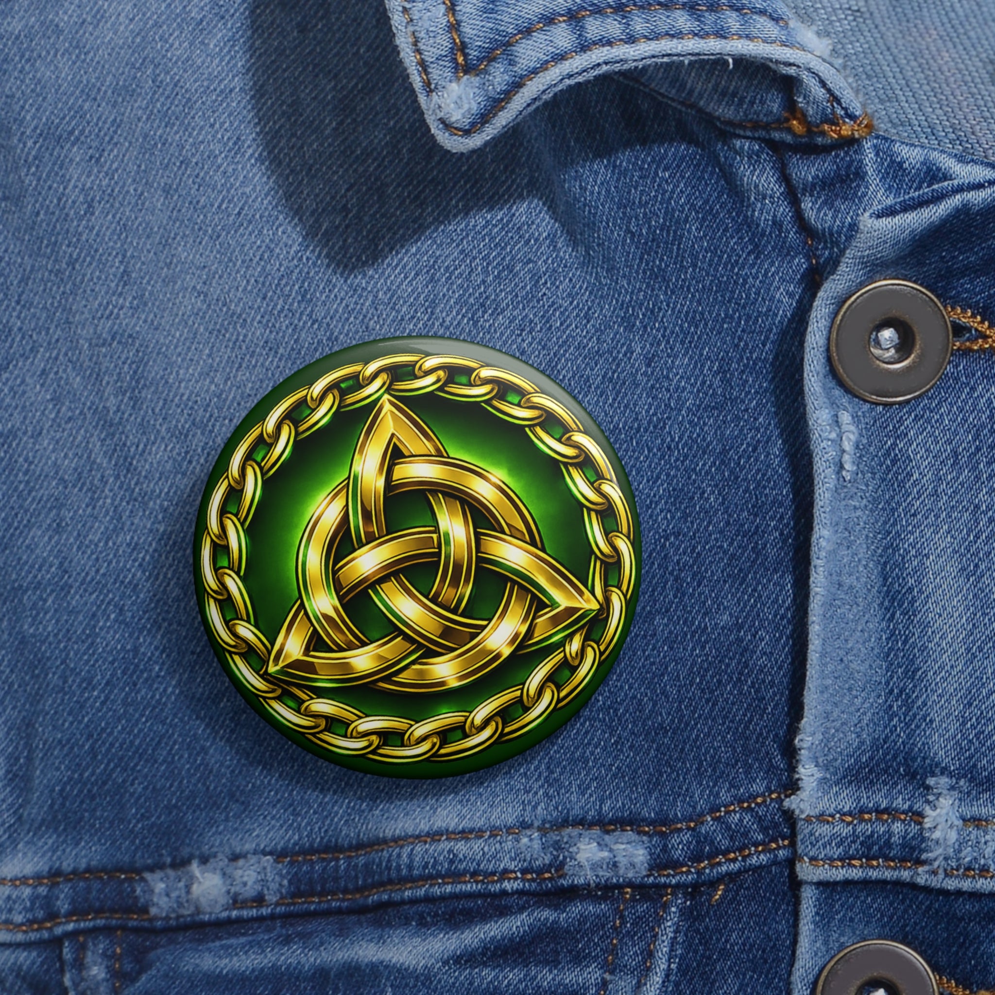 Celtic Knot Pin Button — Gold Trinity Knot on Green