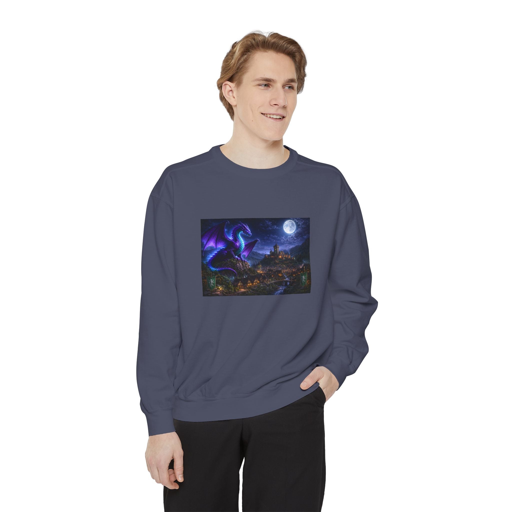 Dragon Night Sweatshirt — Mystical Purple Dragon Over Moonlit Village