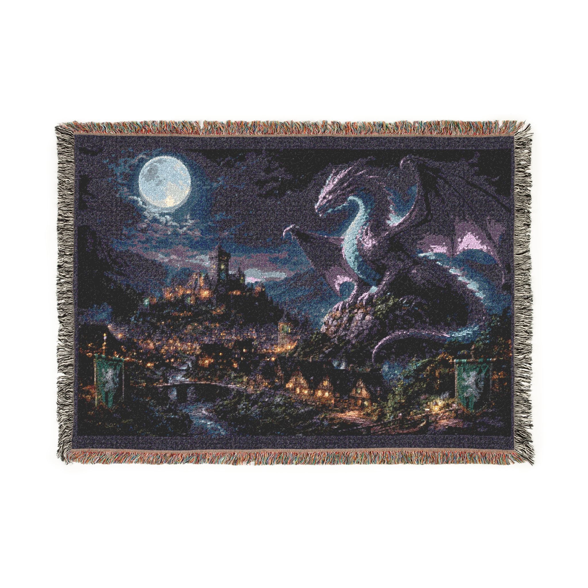 Dragon Night Woven Blanket — Mystical Moonlit Cityscape Throw