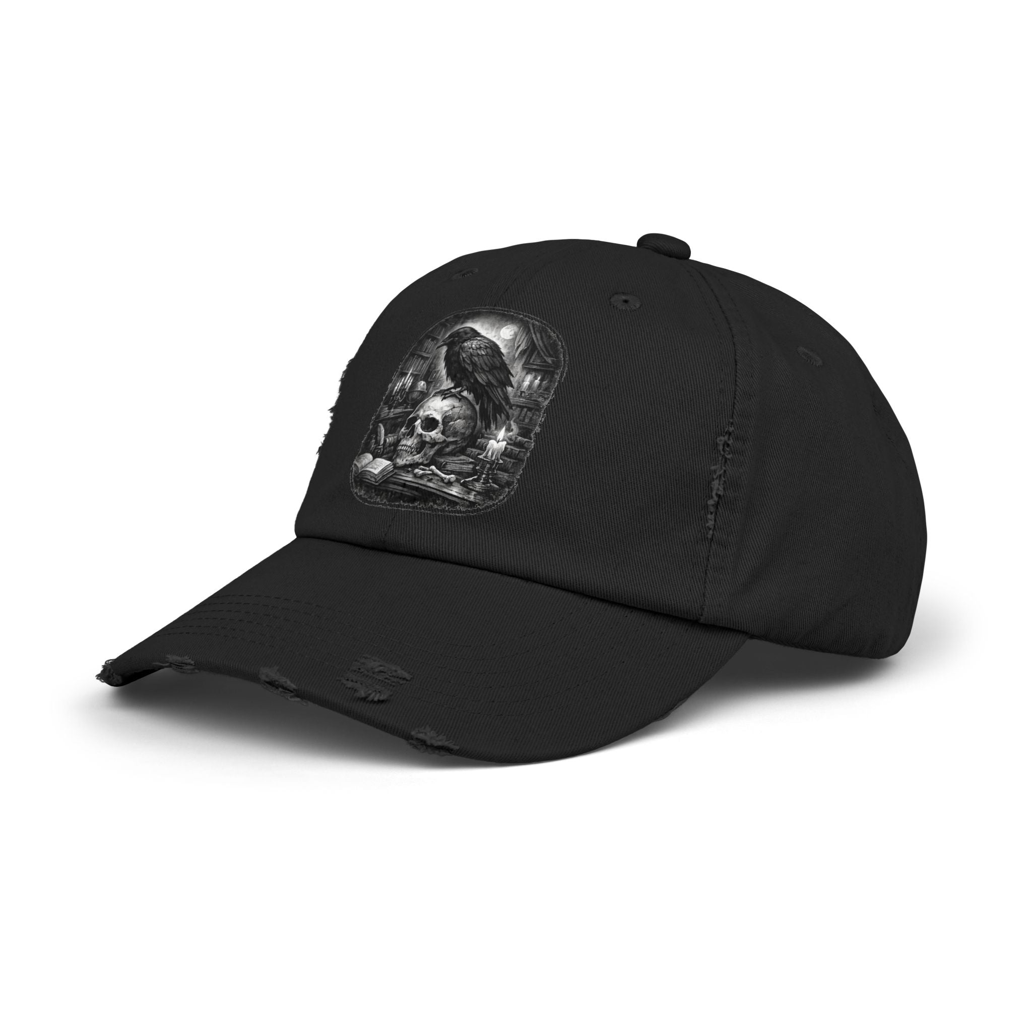 Distressed Raven & Skull Cap — Gothic Vintage Baseball Hat