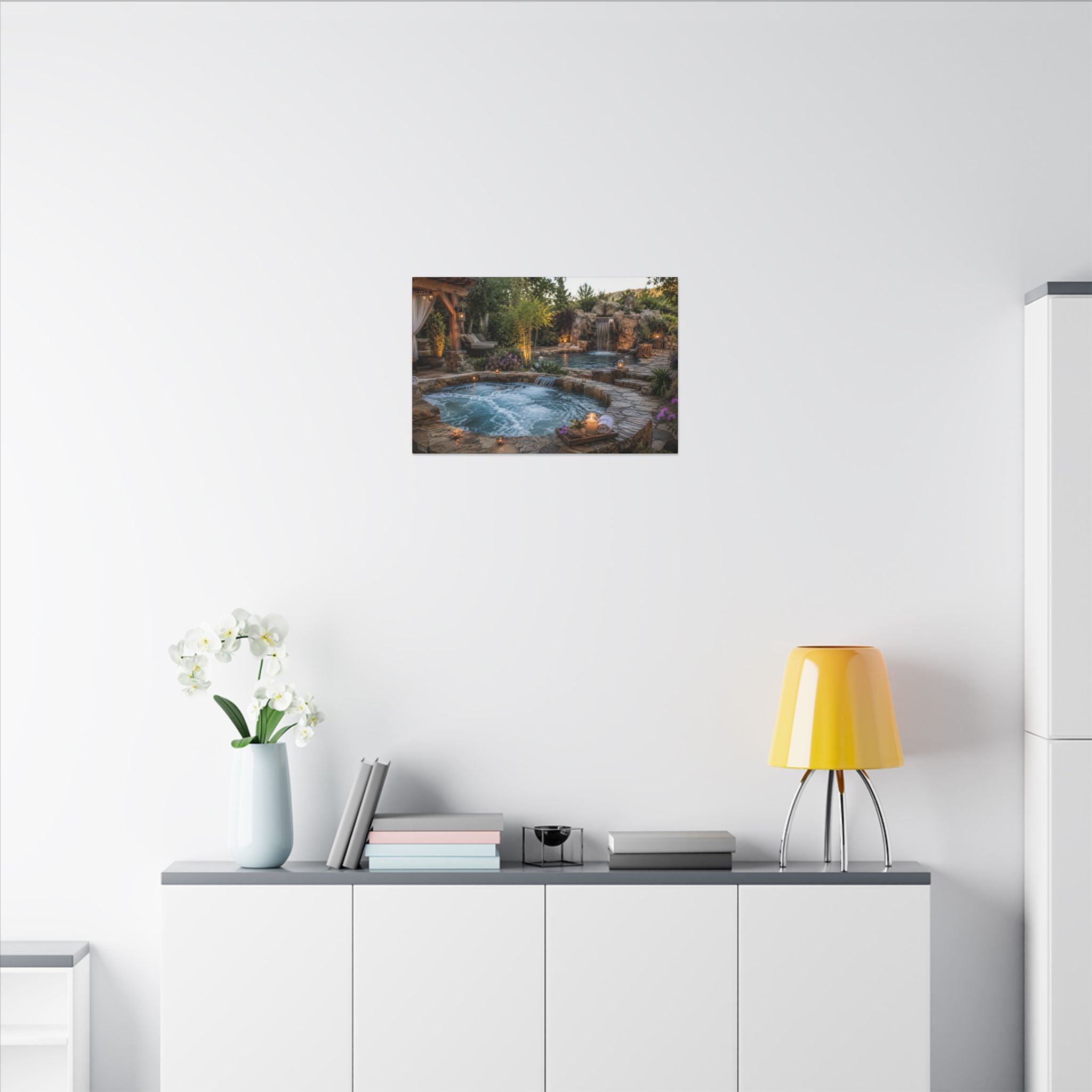 Relaxing Backyard Spa Canvas Wall Art – Tranquil Pool & Waterfall Scene