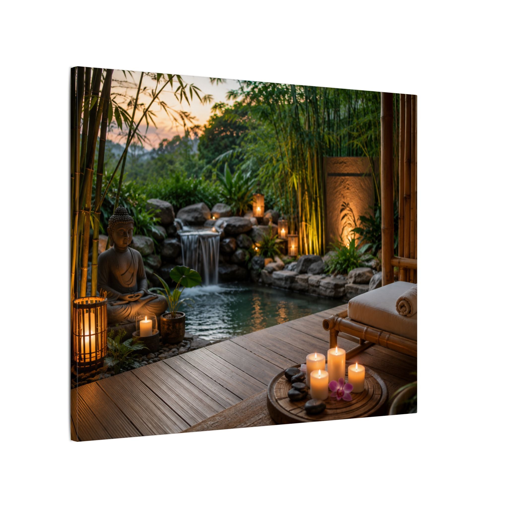 Zen Spa Retreat Canvas — Tranquil Bamboo Waterfall Wall Art