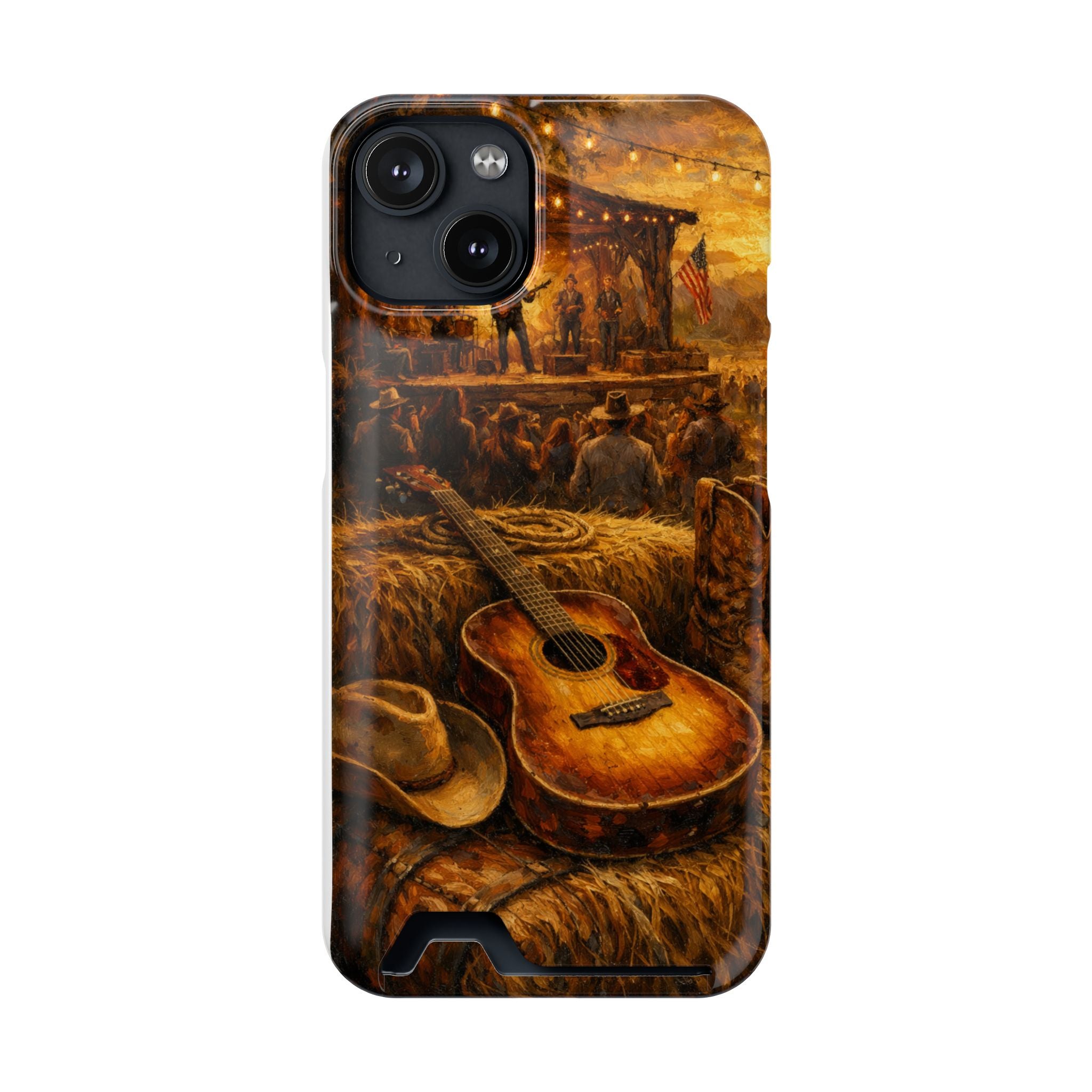 Country Music Guitar Phone Case with Card Holder — Rustic Concert Scene