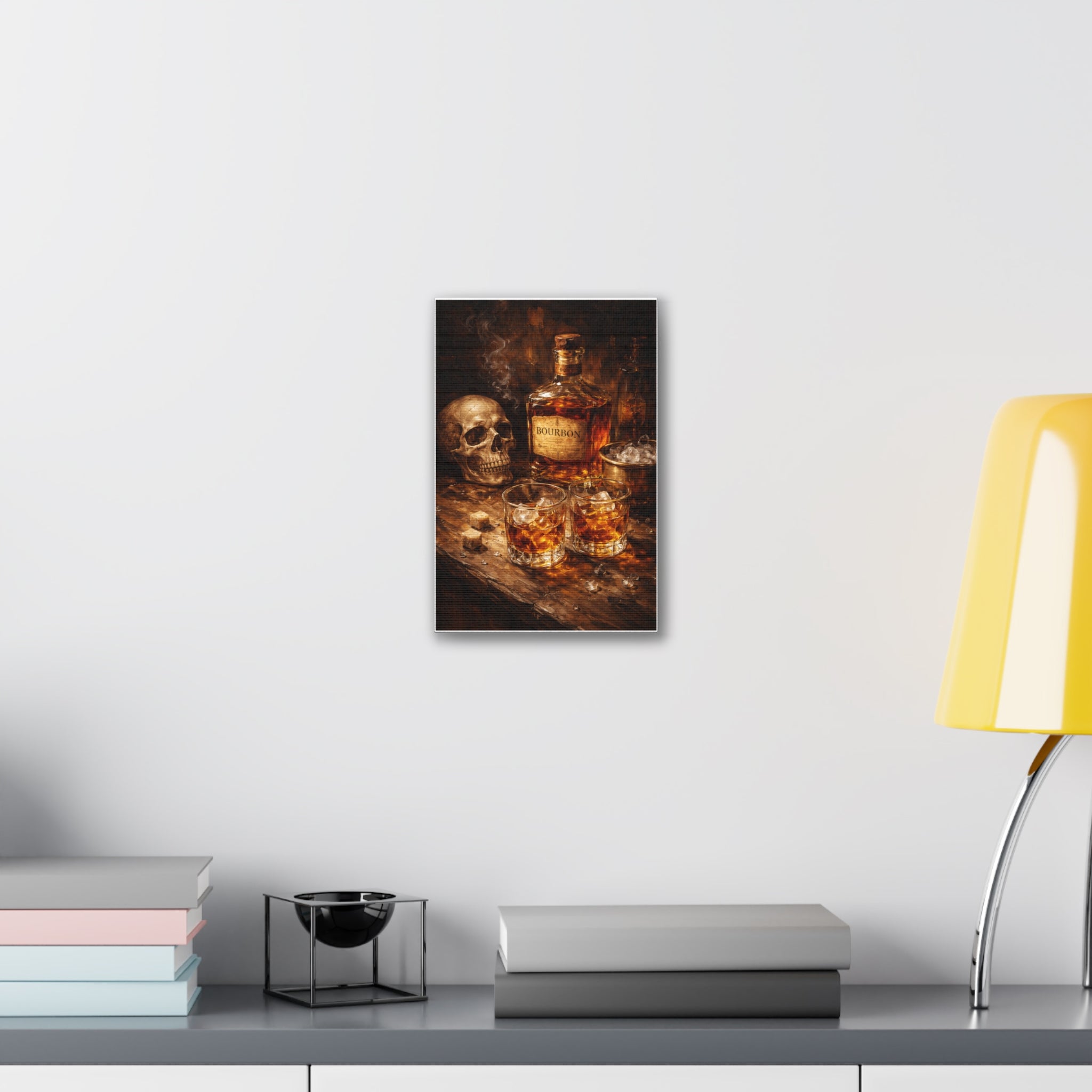 Bourbon Still Life Canvas Print — Skull & Whiskey Bar Art